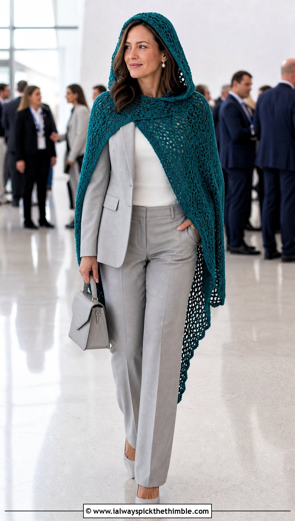 Asymmetrical Crochet Hooded Cape With Trouser Suit - 25 crochet hooded cape outfit ideas