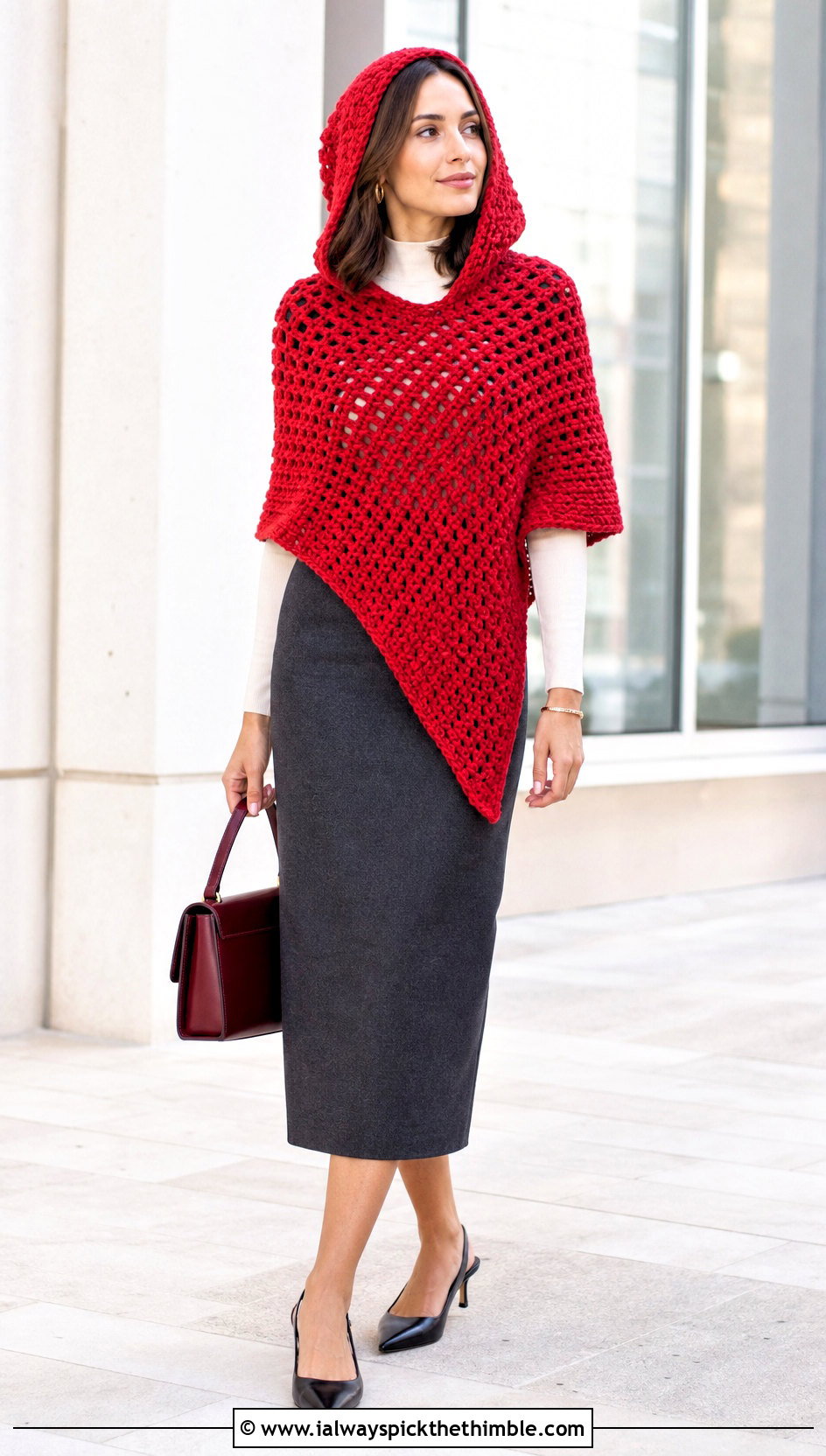 Asymmetrical Crochet Hooded Poncho With Pencil Skirt - 25 Crochet Hooded Poncho outfit ideas