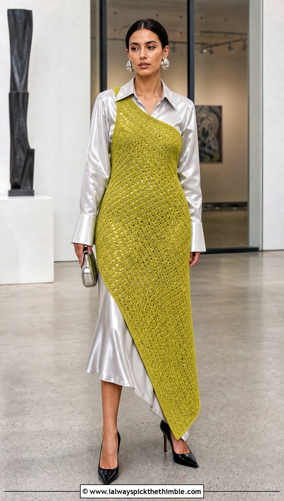 Asymmetrical Crochet Jumper Dress With Satin Shirt - 15 Crochet Jumper Dress outfit ideas