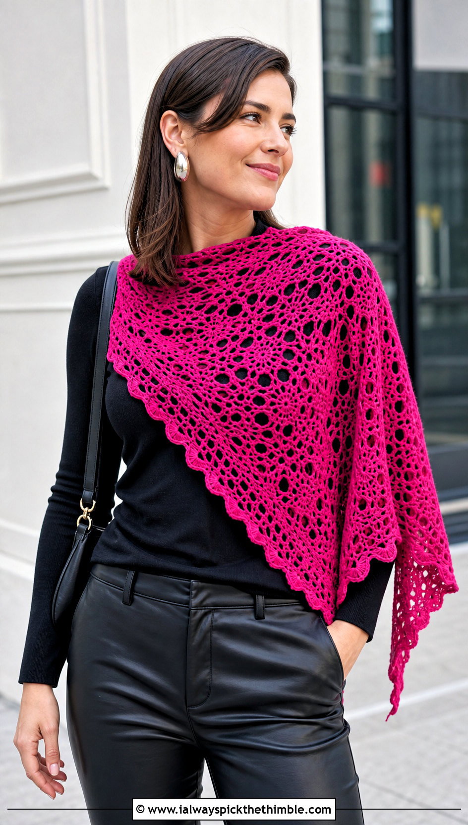 Asymmetrical Crochet Lace Shawl With Leather Pants - 20 easy crochet lace shawl outfit ideas