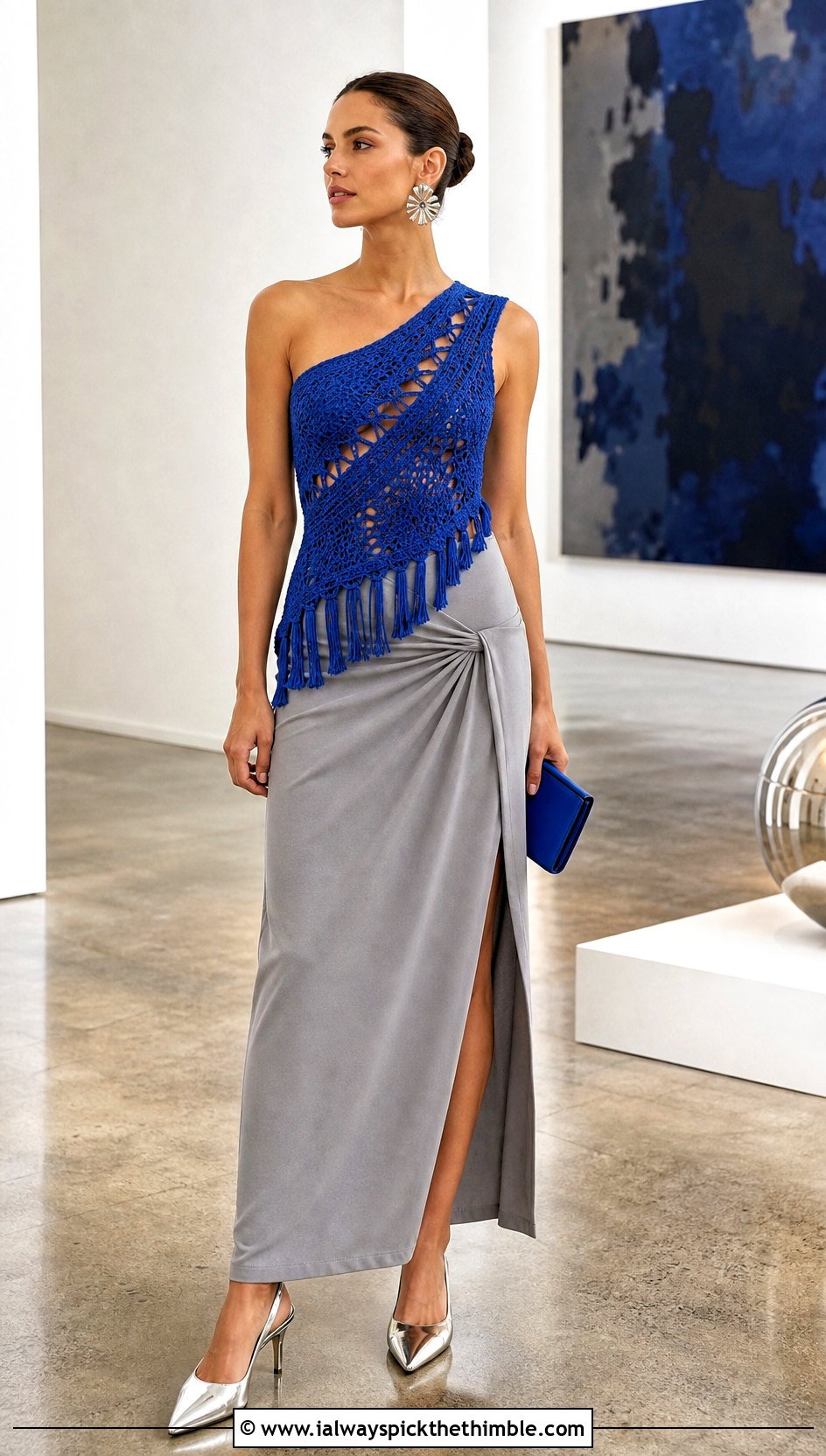 Asymmetrical Crochet Lace Top With Tailored Maxi Skirt - 15 Crochet Lace Top With Tassels outfit ideas
