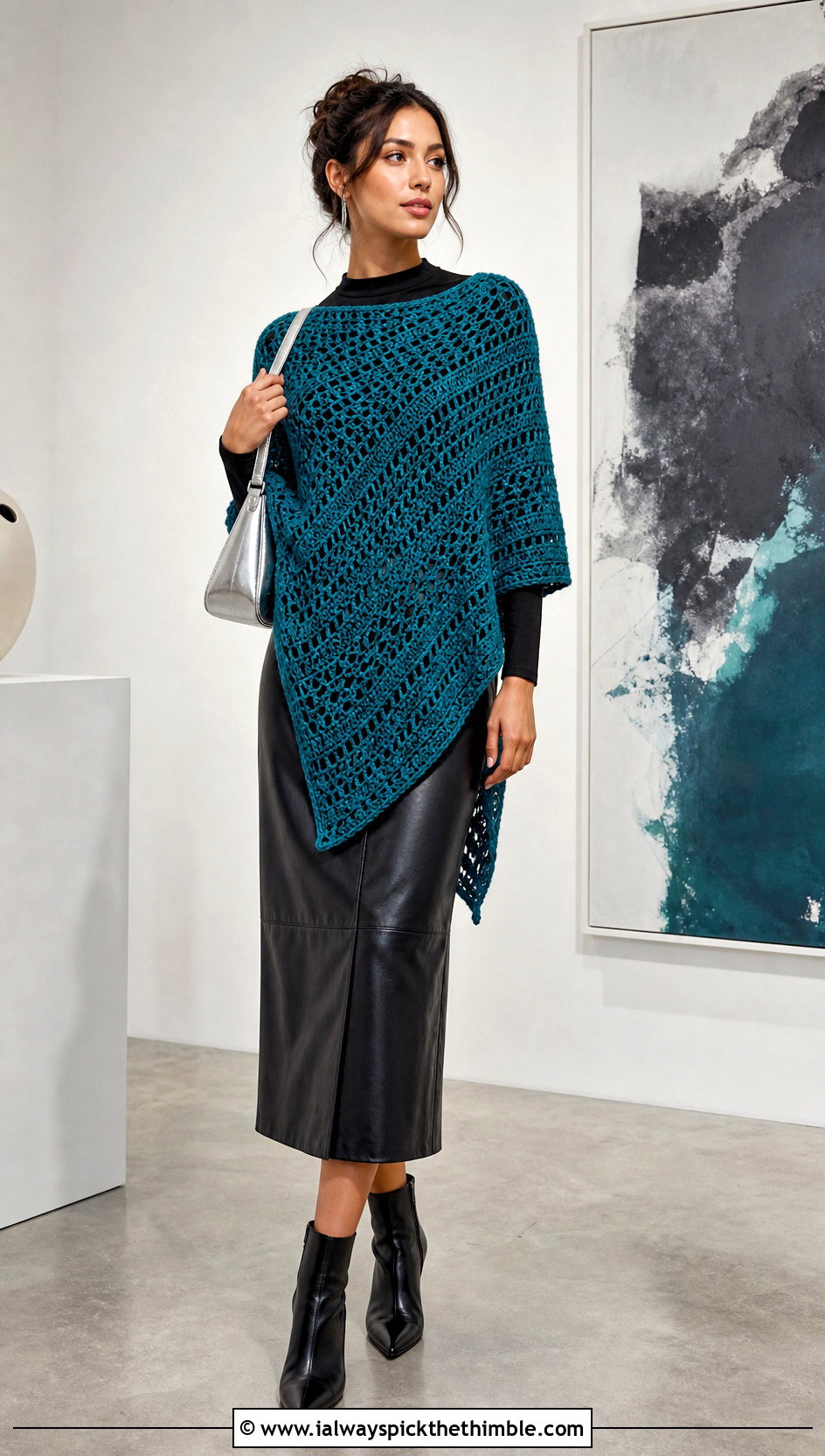 Asymmetrical Crochet Lightweight Poncho With Leather Skirt - 20 crochet lightweight poncho outfit ideas
