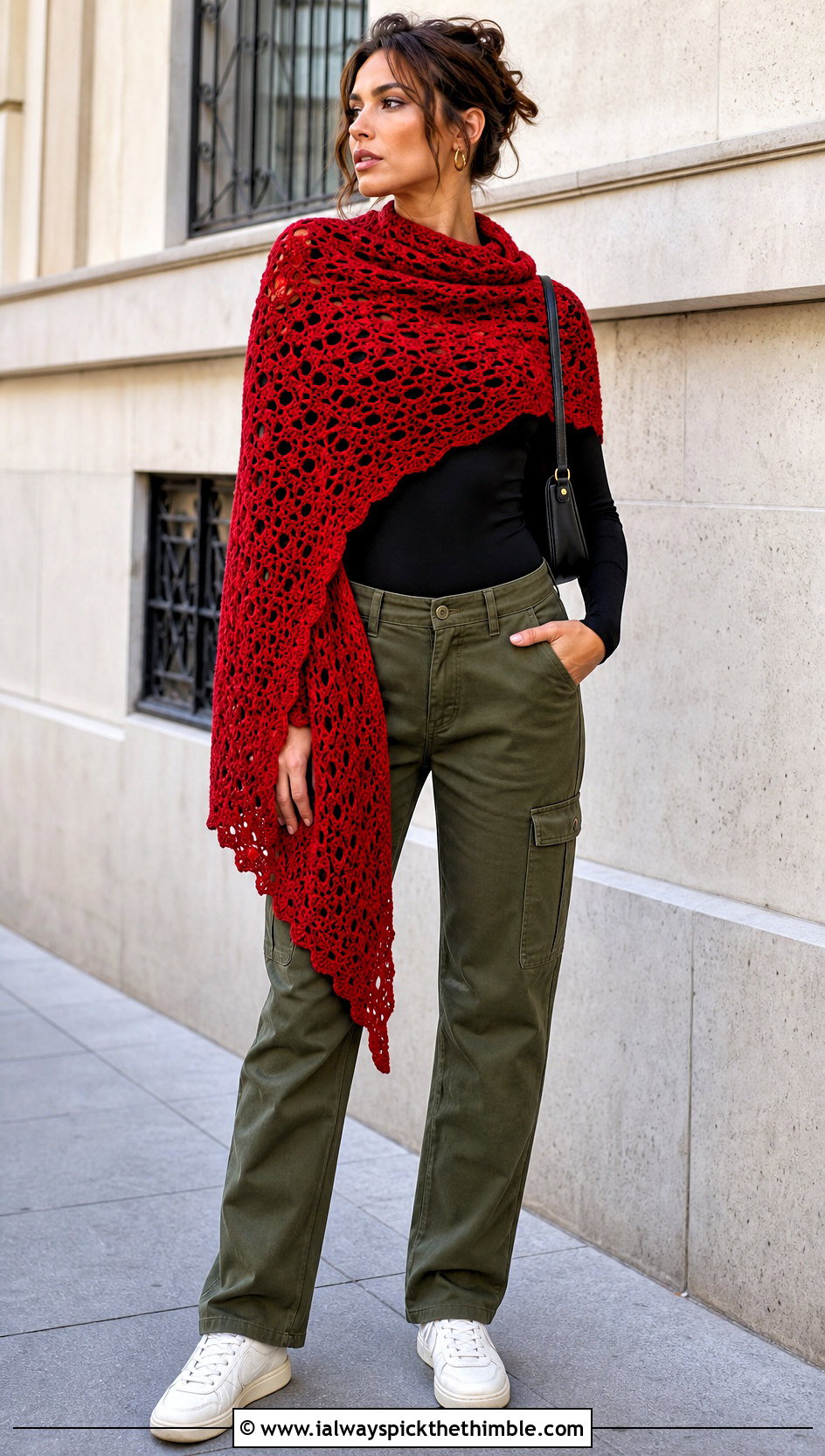 Asymmetrical Crochet Mantle Scarf With Cargo Pants - 20 Crochet Mantle Scarf outfit ideas
