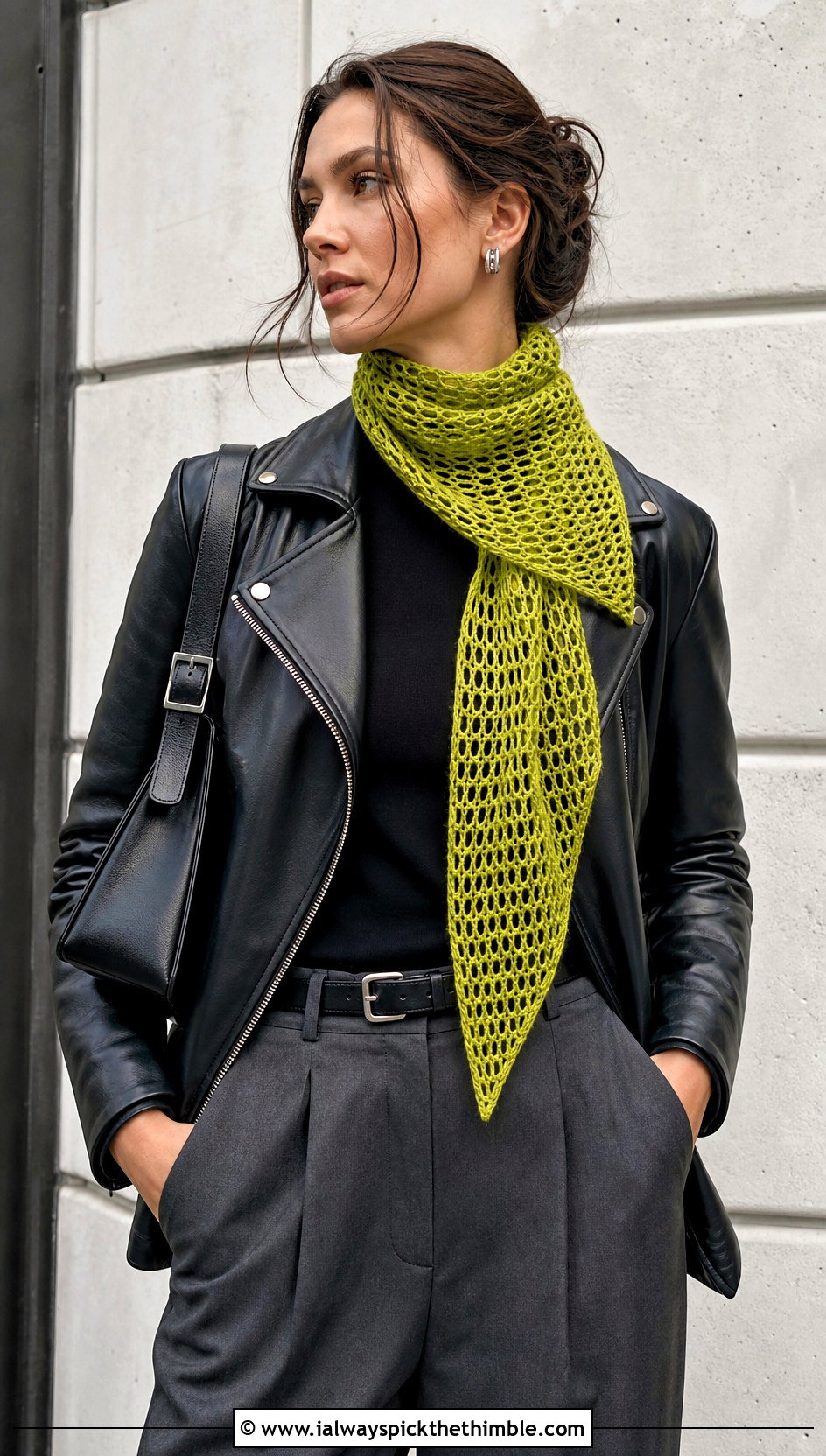 Asymmetrical Crochet Mesh Scarf With Leather Jacket And Trousers - 20 Crochet Mesh Scarf outfit ideas