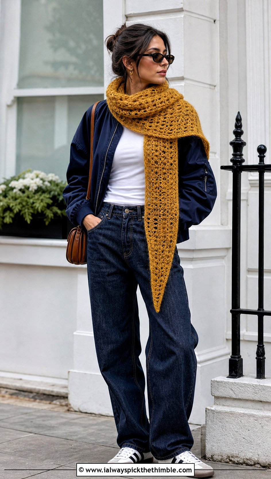 Asymmetrical Crochet Mohair Scarf With Bomber Jacket - 20 crochet mohair scarf outfit ideas