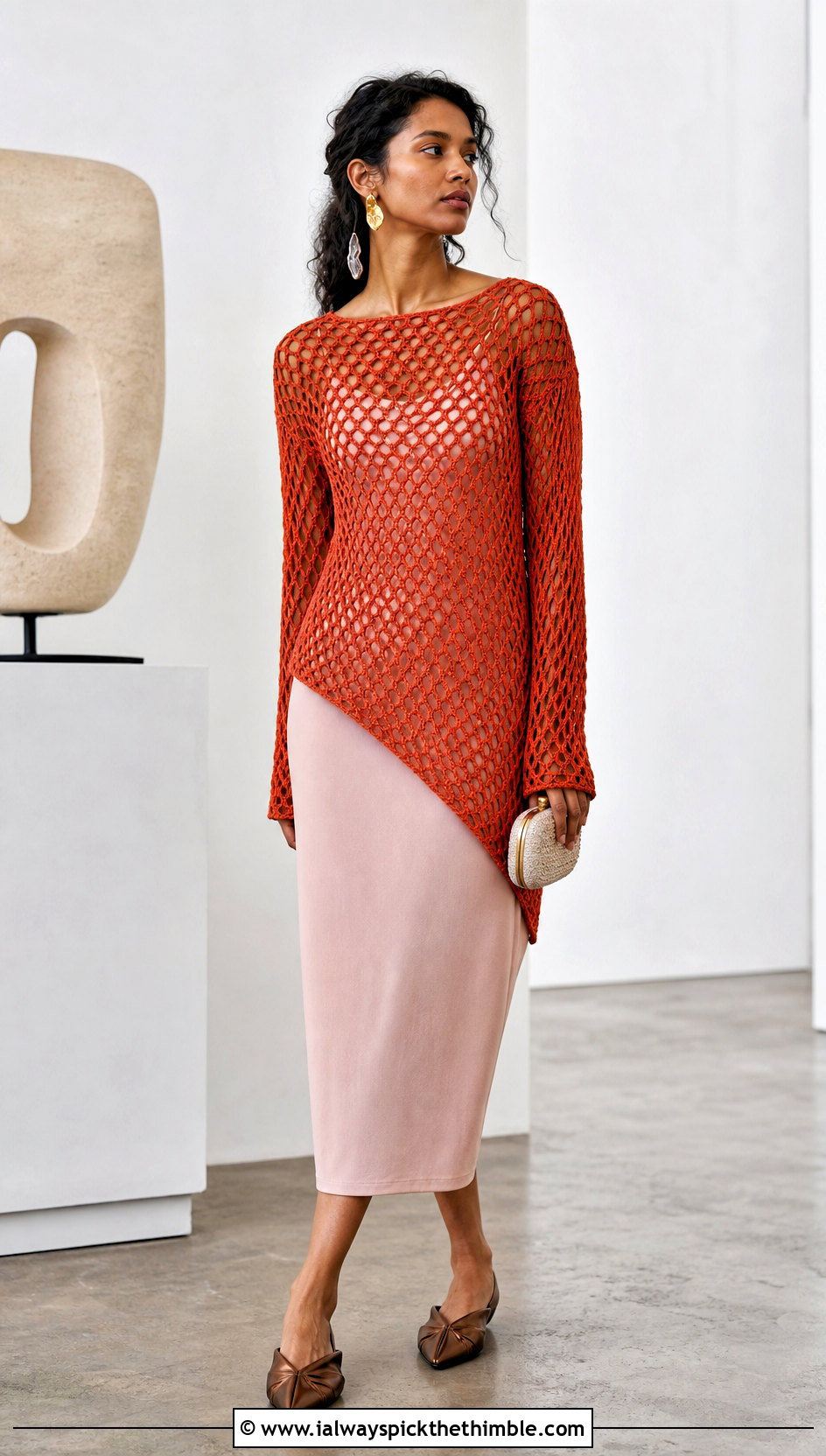 Asymmetrical Crochet Net Sweater With Midi Dress - 25 crochet net sweater outfit ideas