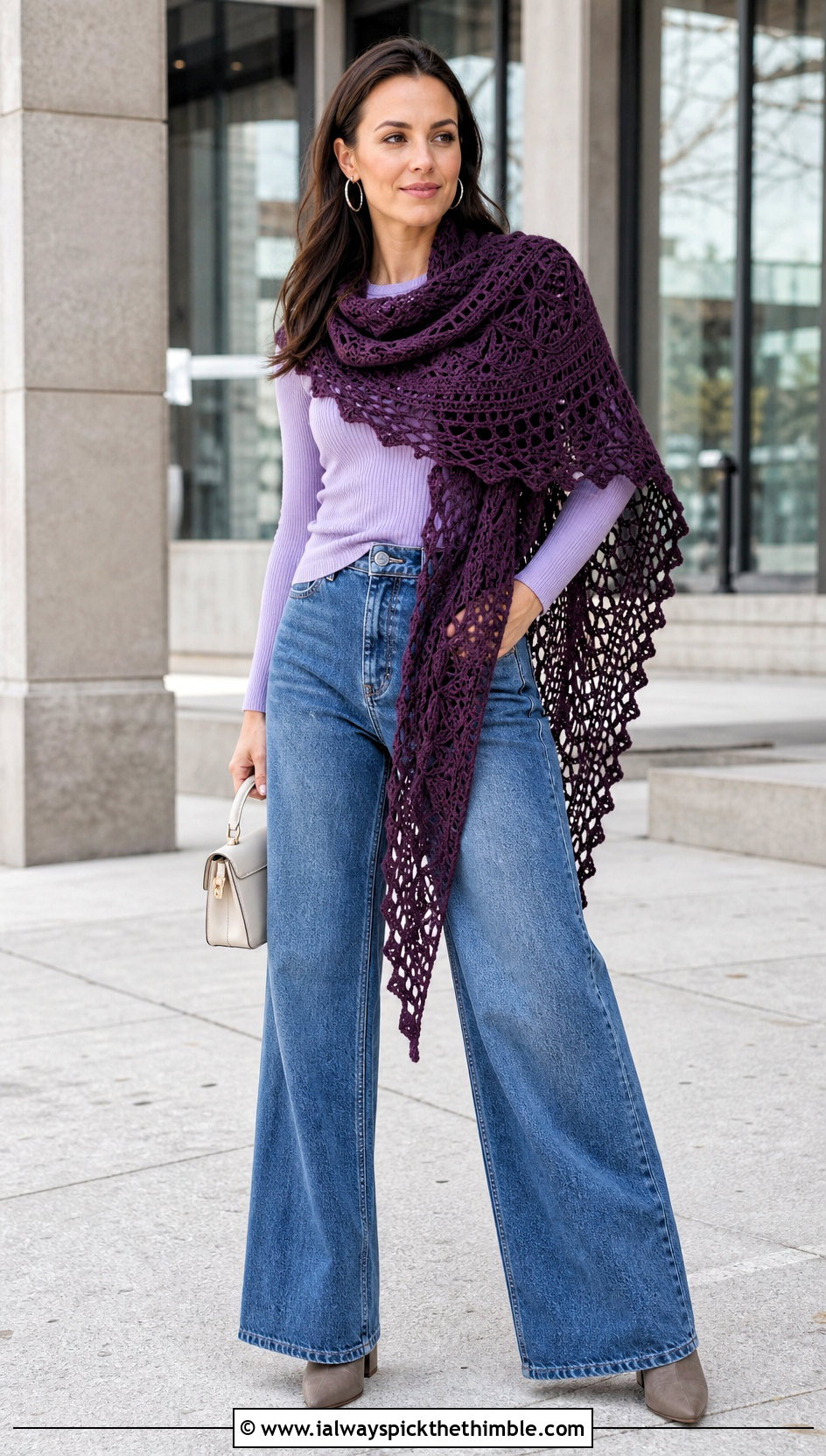 Asymmetrical Crochet Outlander Shawl With Wide Leg Jeans - 25 crochet outlander shawl outfit ideas