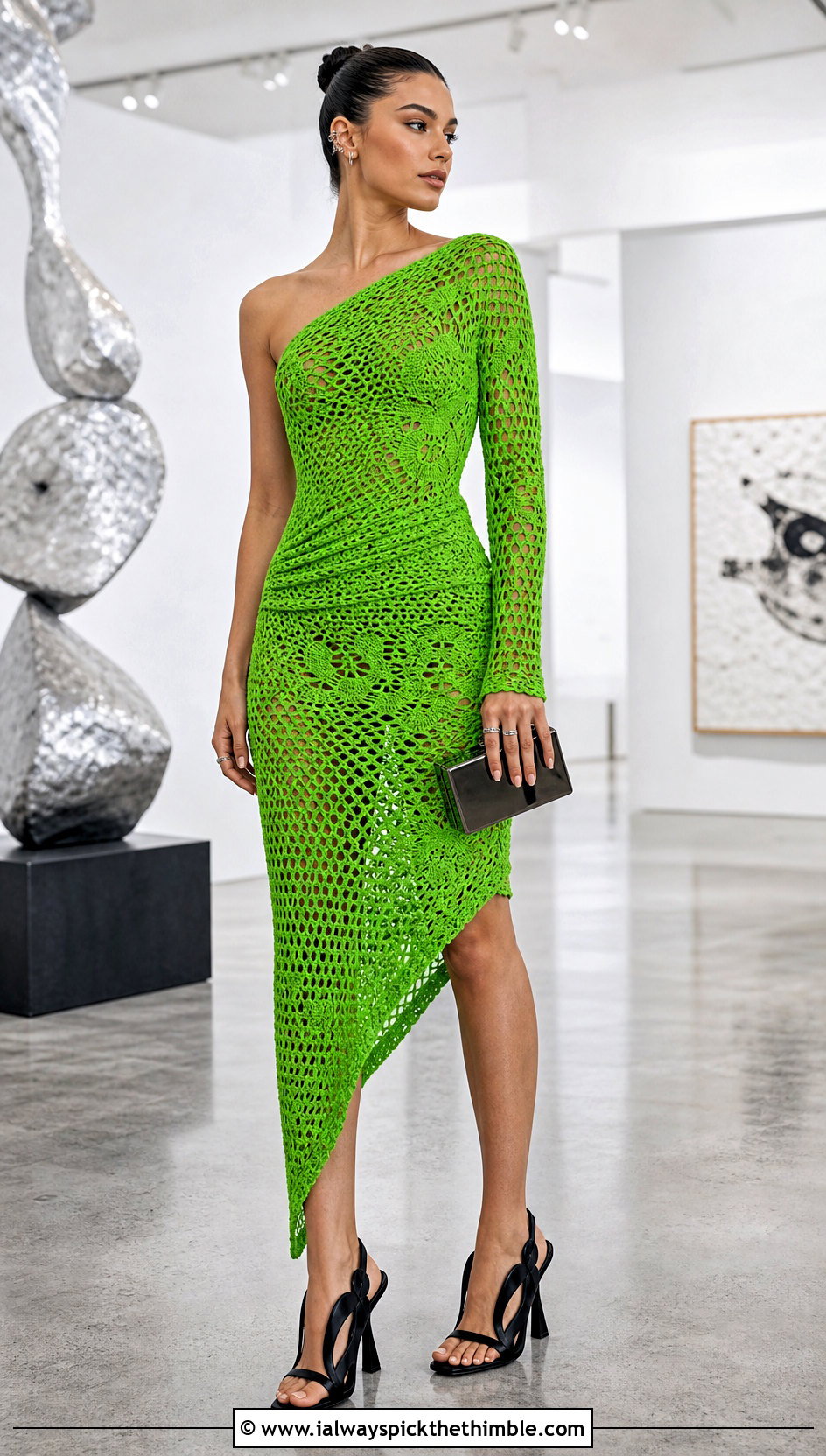 Asymmetrical Crochet Party Dress With Sculptural Heels - 25 crochet party dress outfit ideas