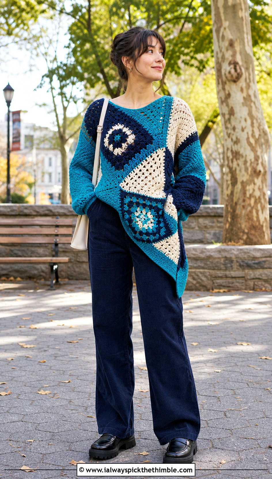 Asymmetrical Crochet Patchwork Jumper With Corduroy Pants - 15 crochet patchwork jumper outfit ideas