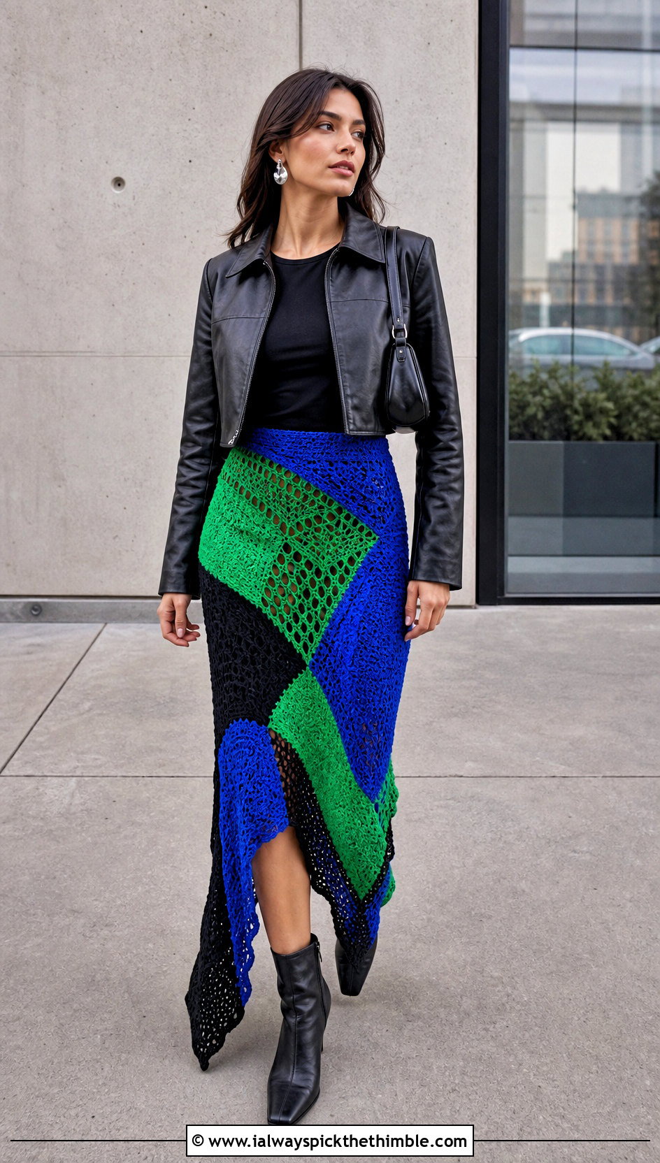 Asymmetrical Crochet Patchwork Skirt With Leather Jacket - 20 crochet patchwork skirt outfit ideas