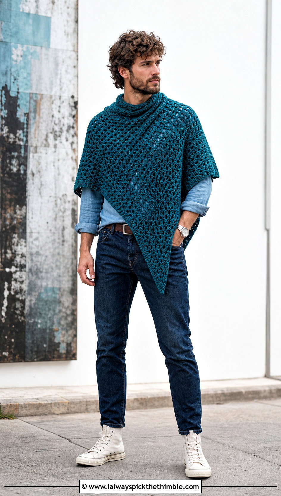 Asymmetrical Crochet Poncho With Double Denim - 20 men crochet poncho outfit ideas