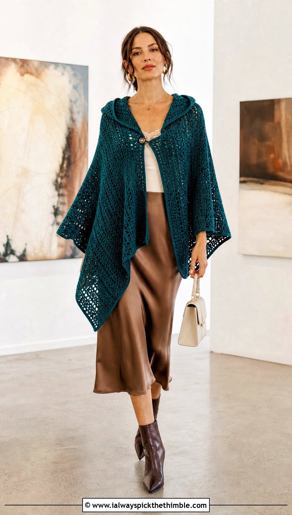 Asymmetrical Crochet Poncho With Hood and Satin Skirt - 25 crochet poncho with hood outfit ideas