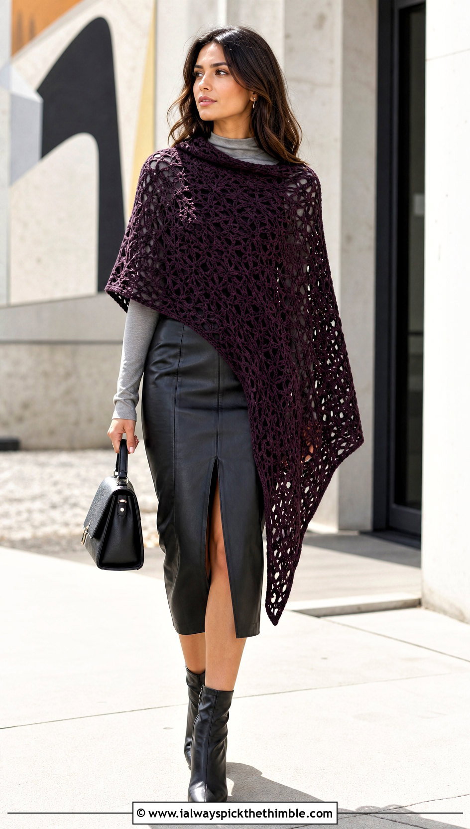 Asymmetrical Crochet Poncho With Leather Midi Skirt - 25 crochet poncho woman outfit ideas