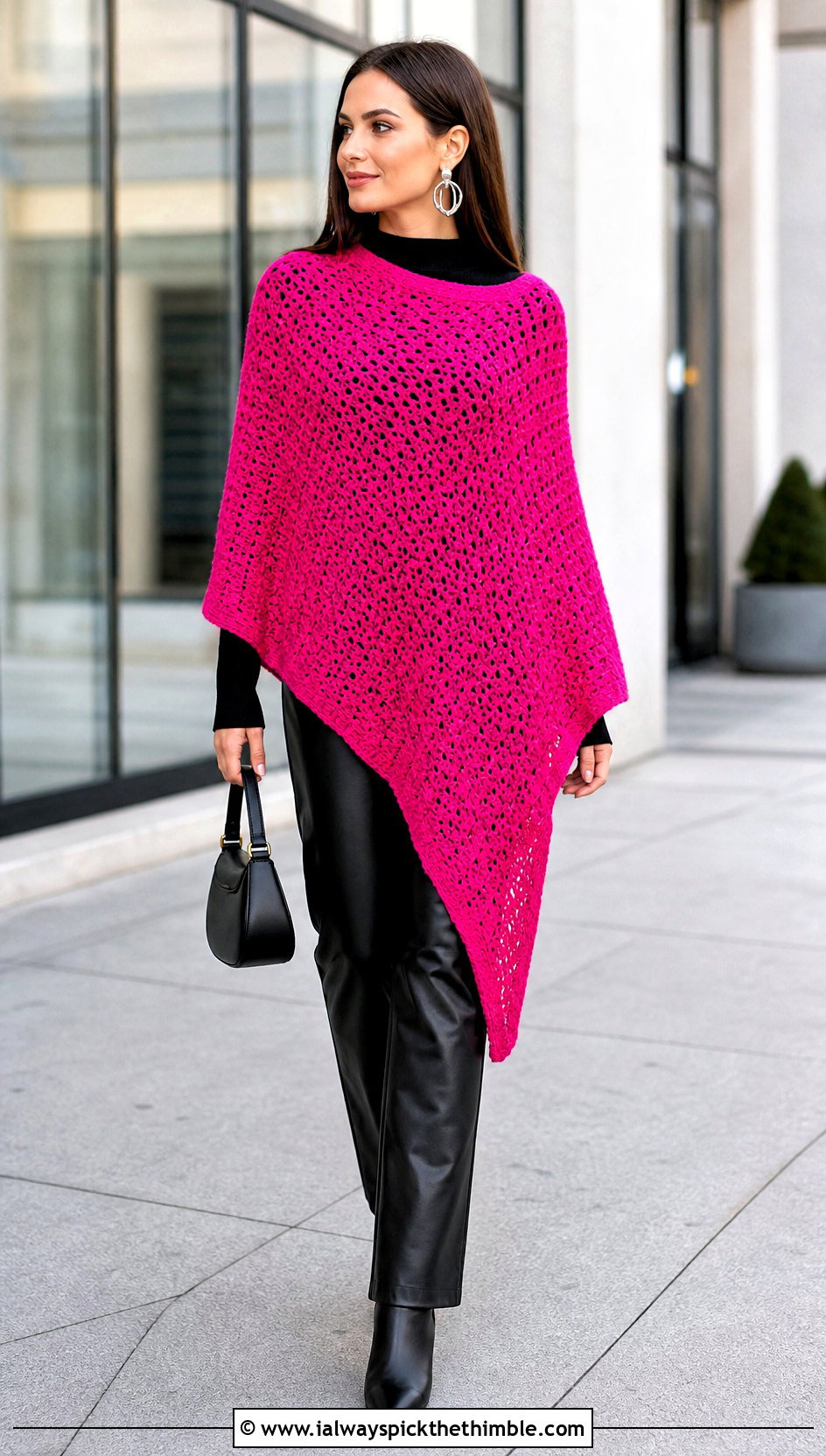 Asymmetrical Crochet Poncho With Leather Pants - 15 Easy Crochet Ponchos outfit ideas