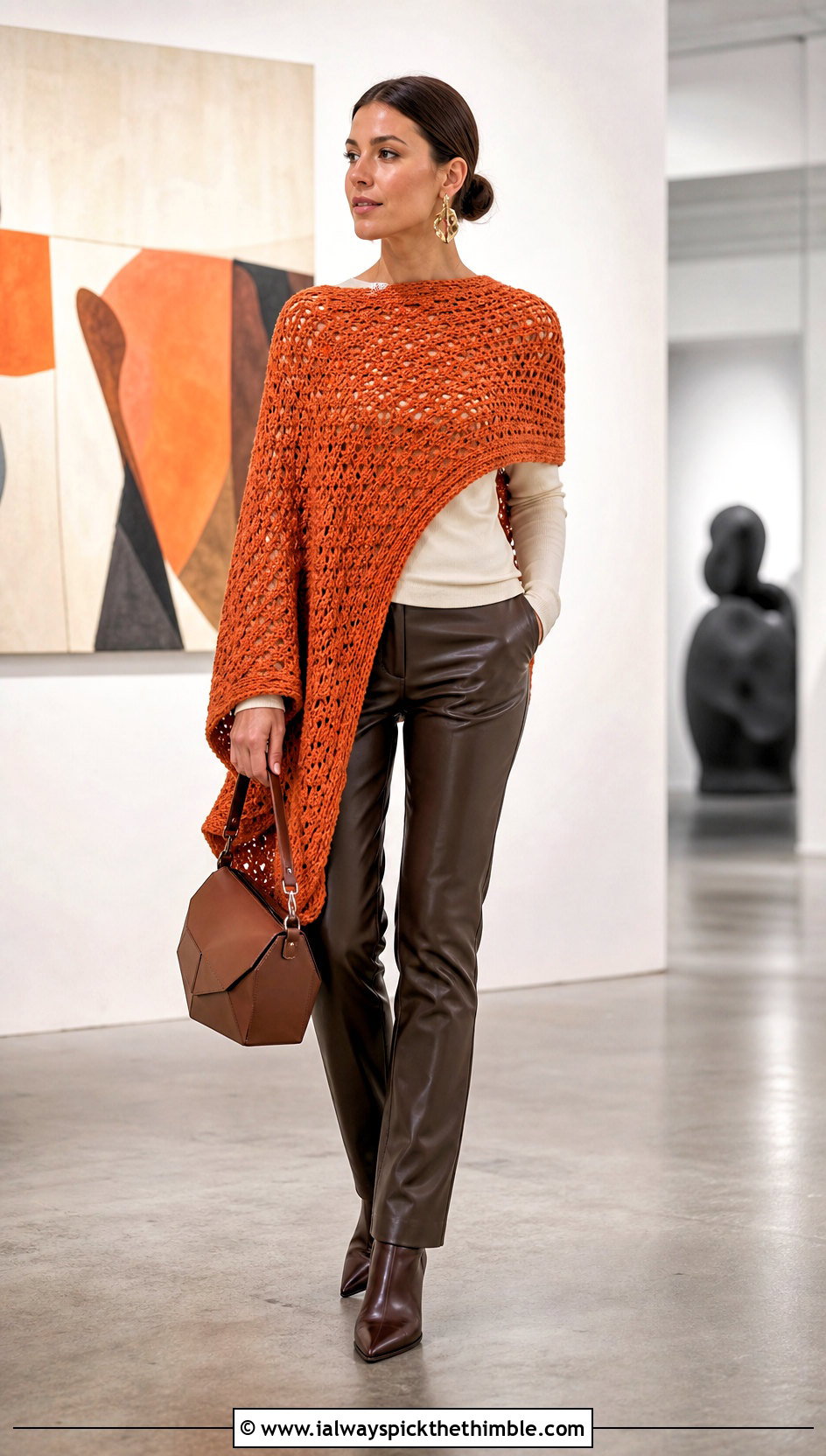 Asymmetrical Crochet Poncho With Leather Pants - 25 crochet poncho outfit ideas