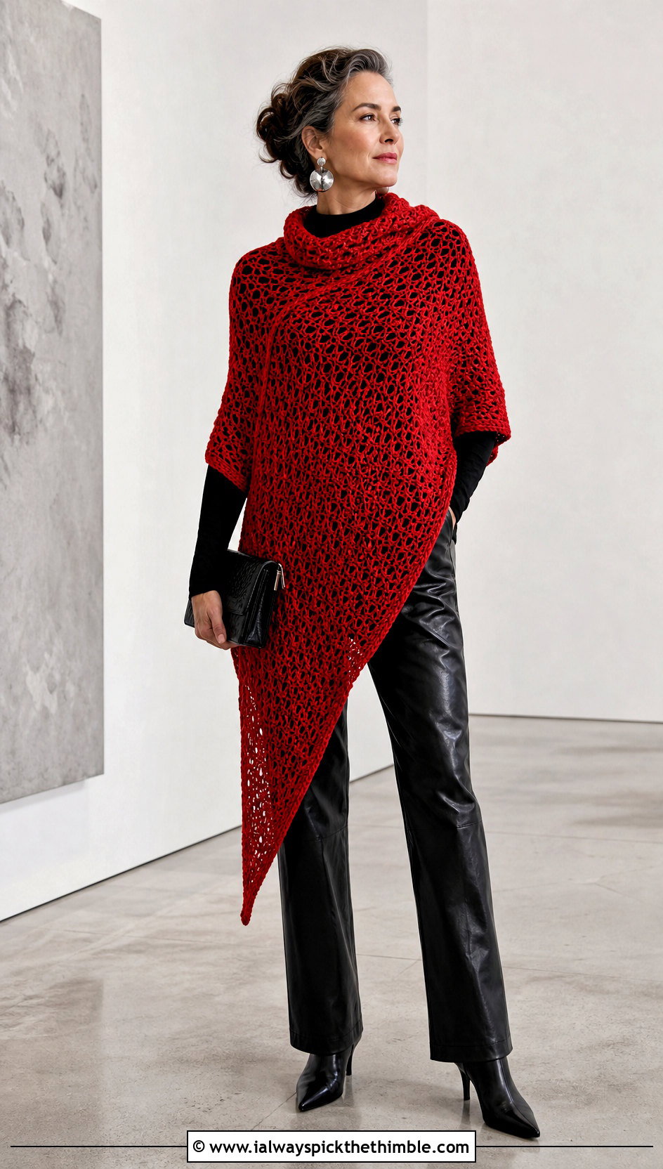 Asymmetrical Crochet Poncho With Leather Pants - 25 easy crochet poncho woman outfit ideas