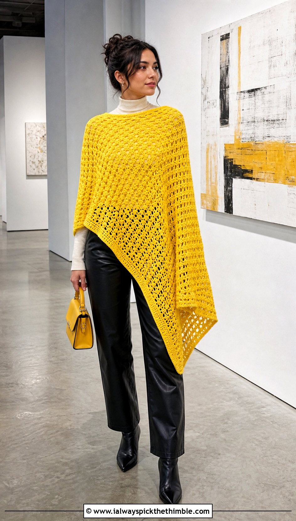 Asymmetrical Crochet Poncho With Leather Pants - 15 diy crochet poncho outfit ideas