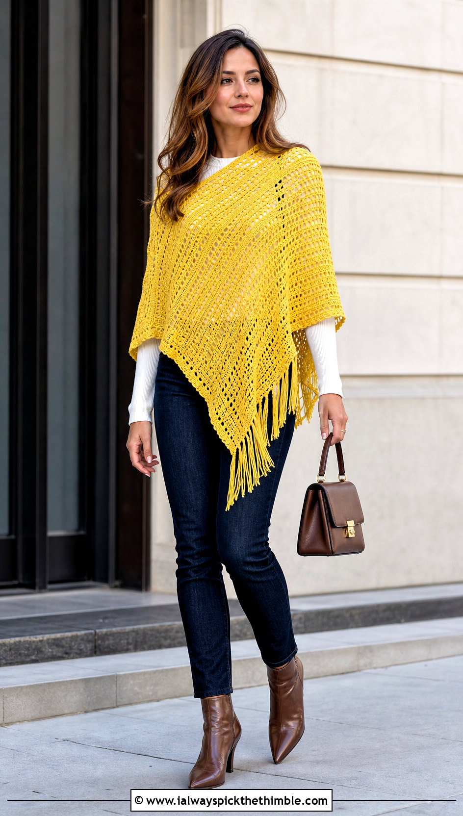 Asymmetrical Crochet Poncho With Slim Jeans - 20 Easy Crochet Poncho For Beginners outfit ideas