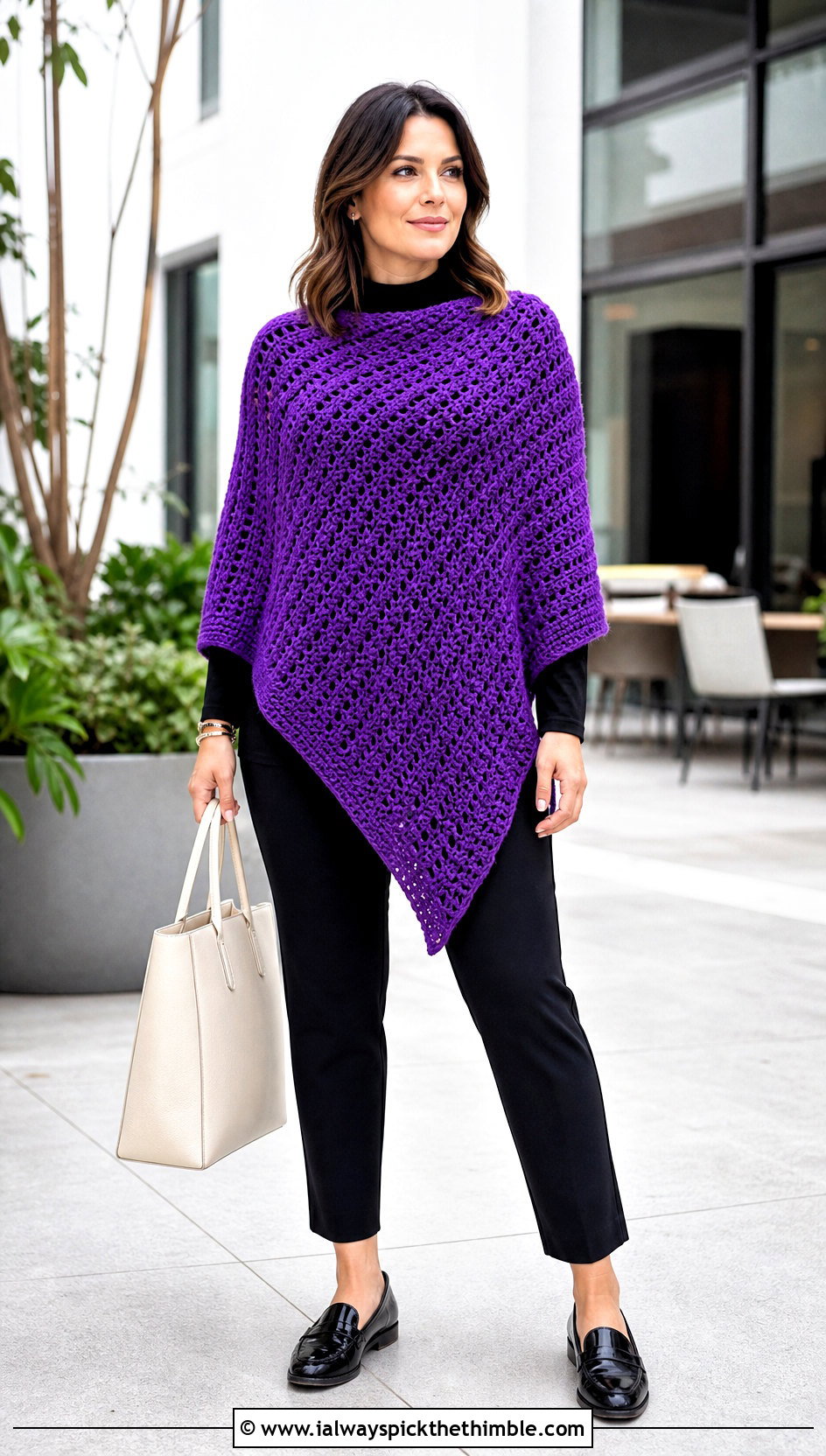Asymmetrical Crochet Poncho With Slim Trousers - 20 Crochet For Poncho outfit ideas