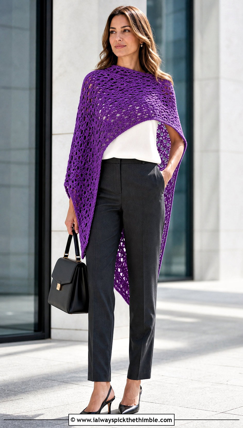 Asymmetrical Crochet Poncho With Tailored Trousers - 20 Simple Crochet Poncho outfit ideas