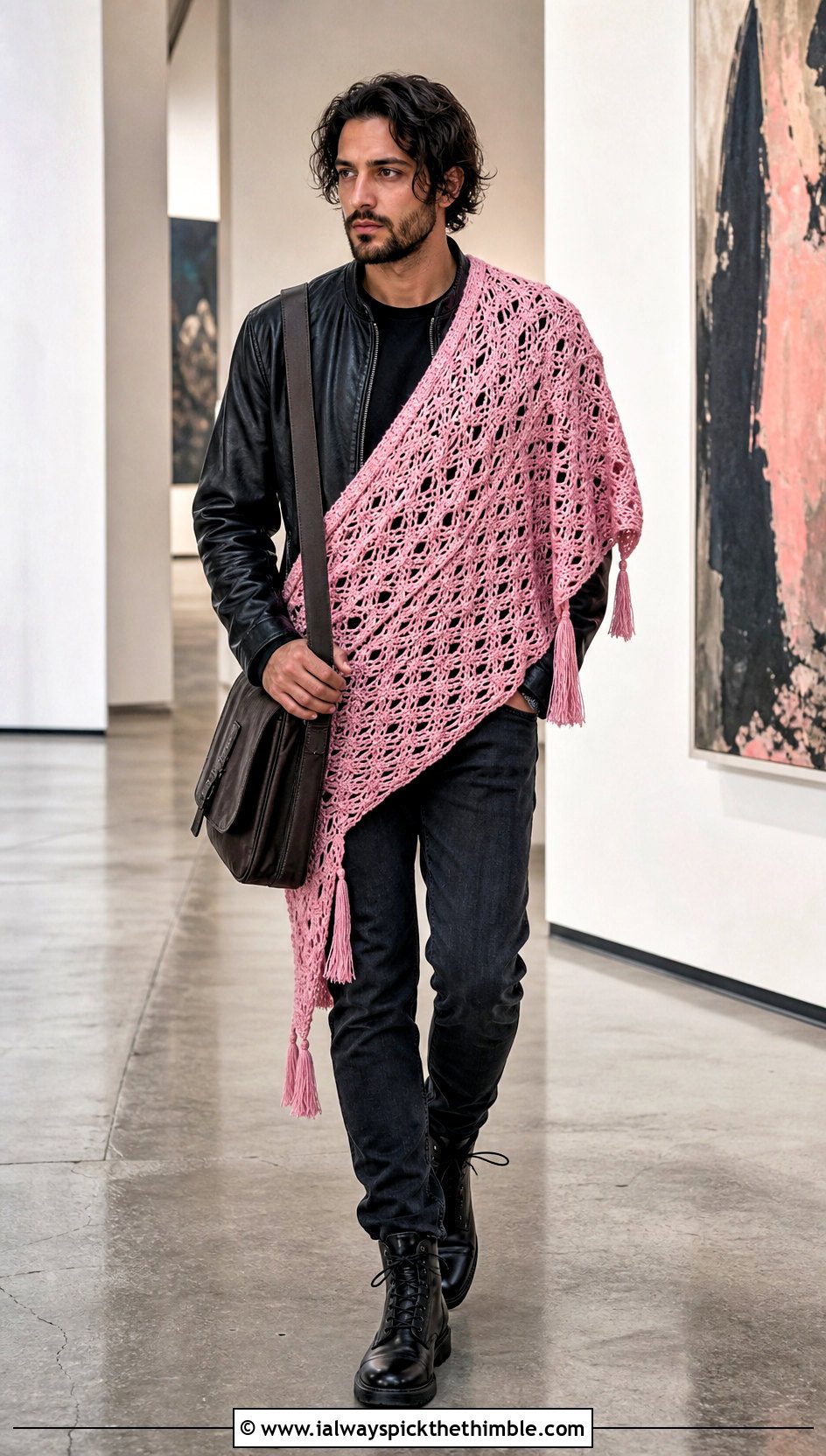 Asymmetrical Crochet Prayer Shawl With A Leather Jacket - 20 Mens Crochet Prayer Shawl outfit ideas