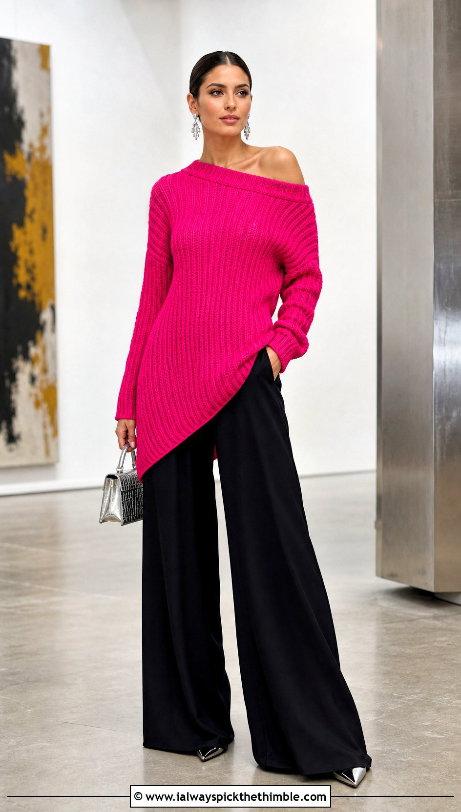 Asymmetrical Crochet Ribbed Sweater With Palazzo Pants - 25 crochet ribbed sweater outfit ideas