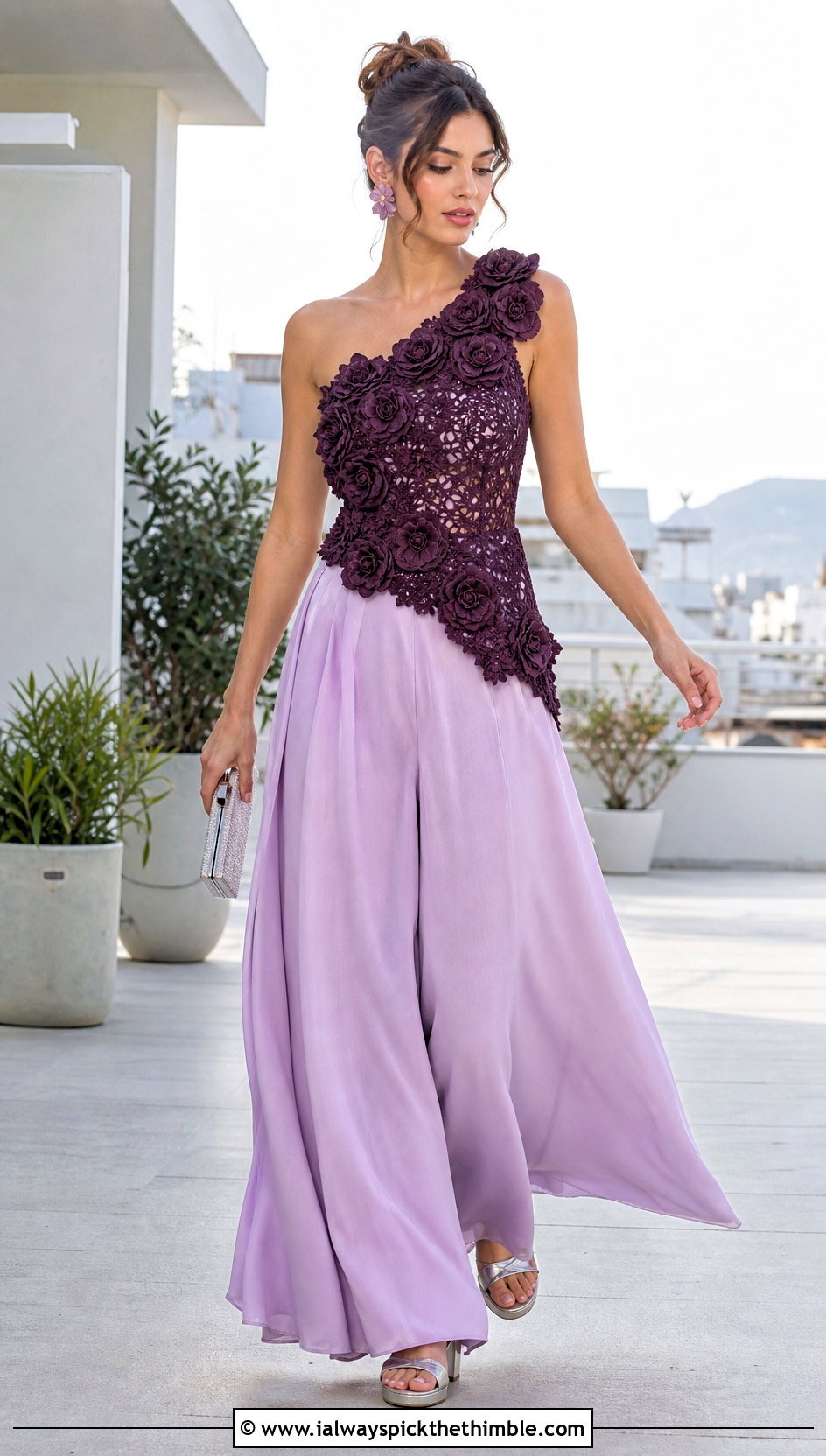 Asymmetrical Crochet Rose Top With Palazzo Pants - 25 crochet rose top outfit ideas