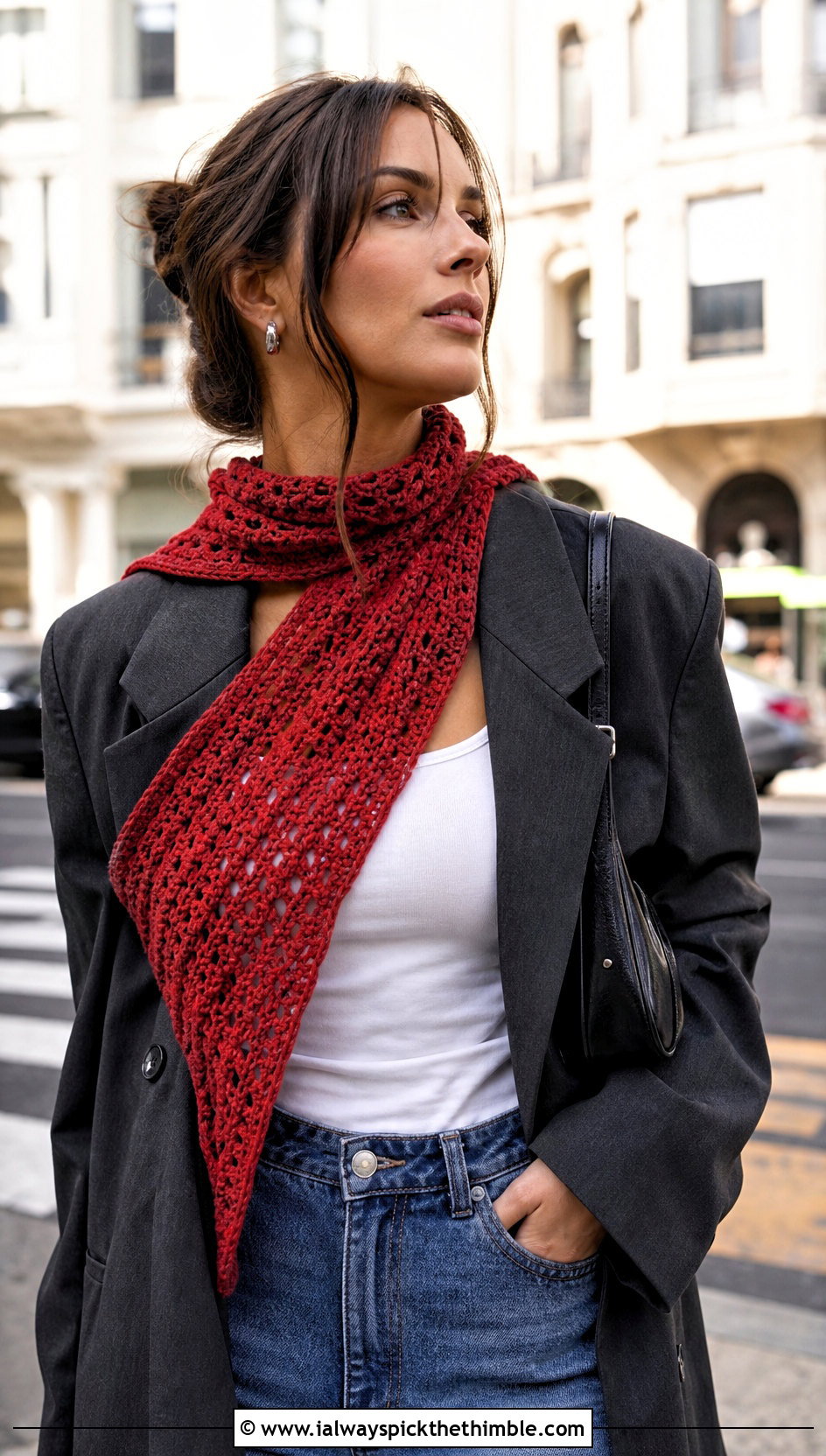 Asymmetrical Crochet Scarf With Blazer And Jeans - 15 Crochet Fancy Scarf outfit ideas