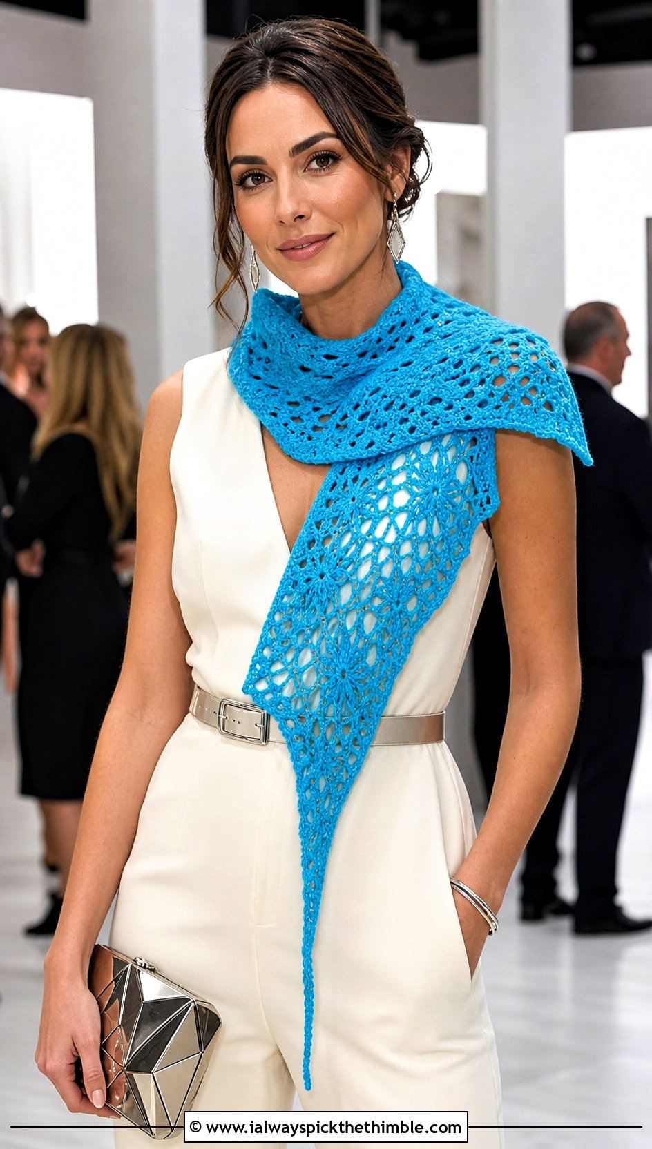 Asymmetrical Crochet Scarf With Jumpsuit - 20 boho crochet scarf outfit ideas