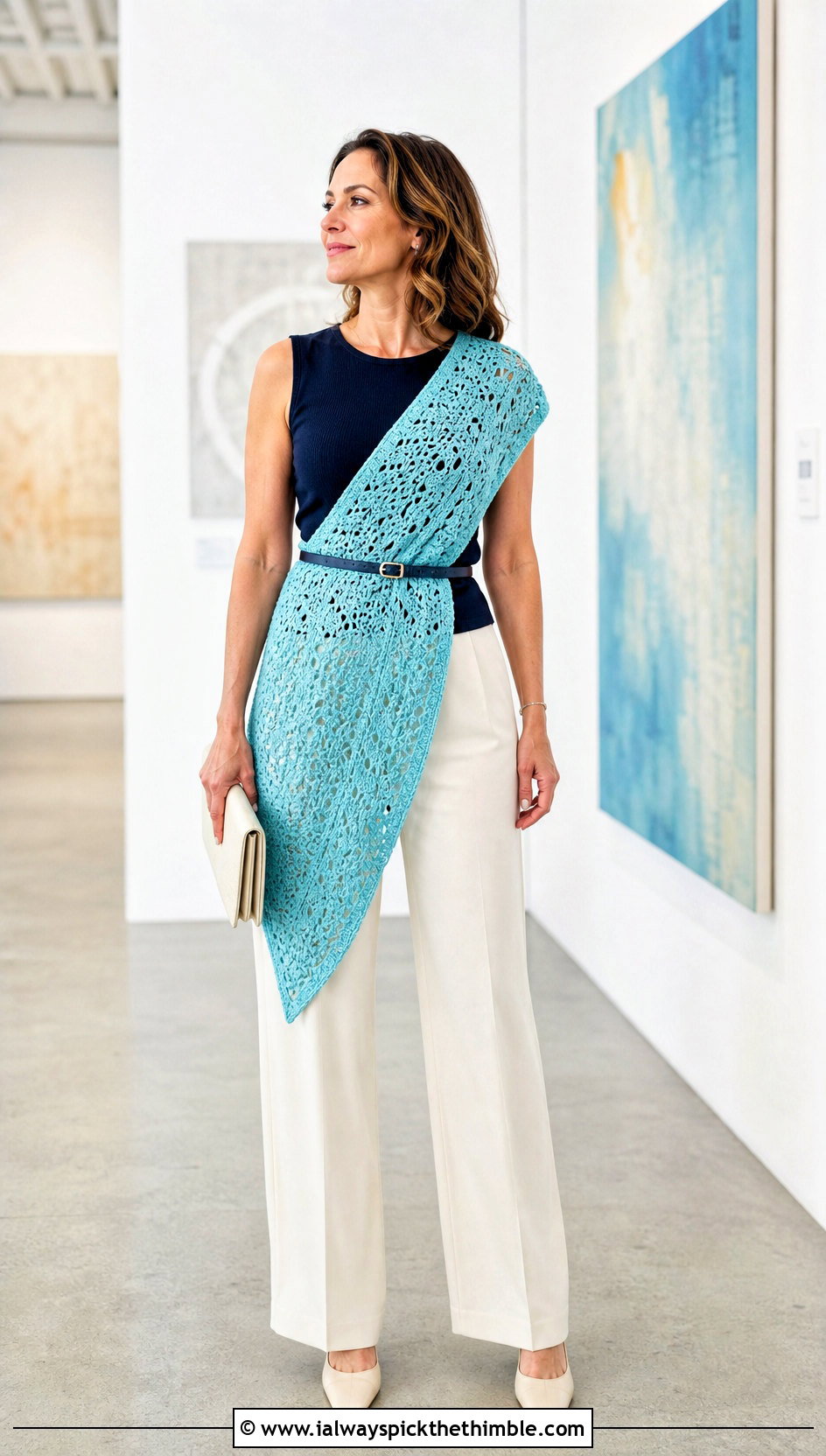 Asymmetrical Crochet Scarf With Wide Leg Pants - 25 crochet scarves outfit ideas