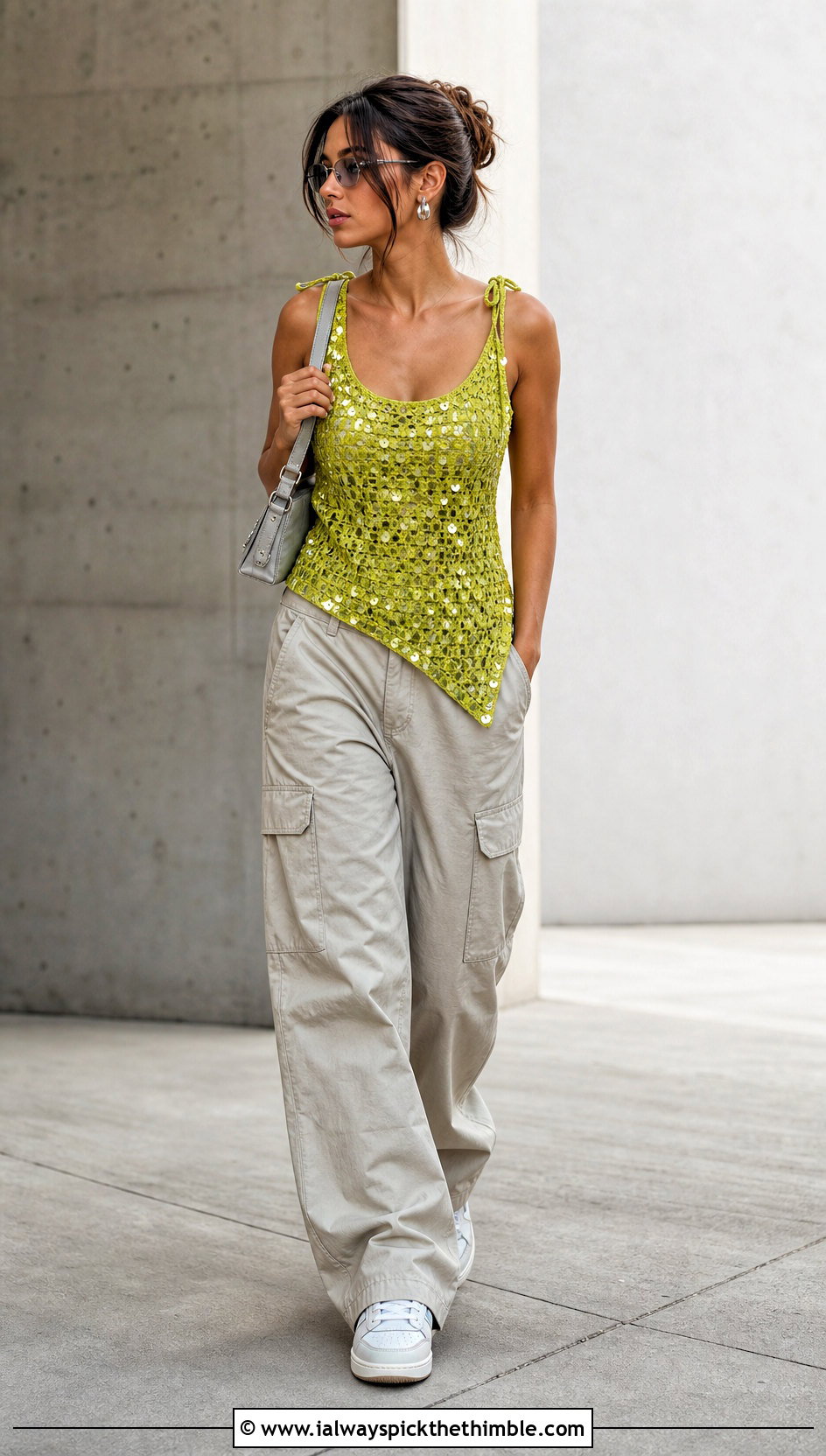 Asymmetrical Crochet Sequin Tank Top With Cargo Pants - 15 crochet sequin tank top outfit ideas