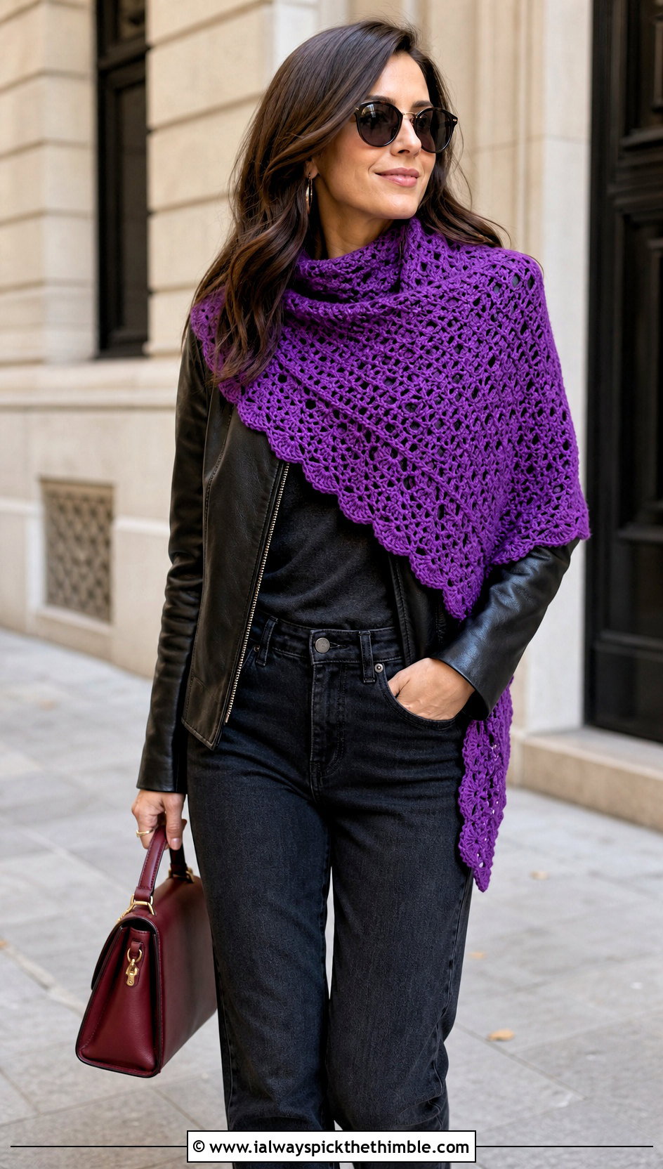 Asymmetrical Crochet Shawl Scarf With Leather Jacket - 20 crochet shawl scarf outfit ideas