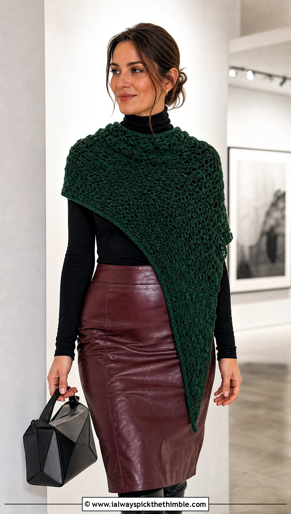 Asymmetrical Crochet Shawl Scarf With Leather Skirt - 20 super crochet scarf outfit ideas