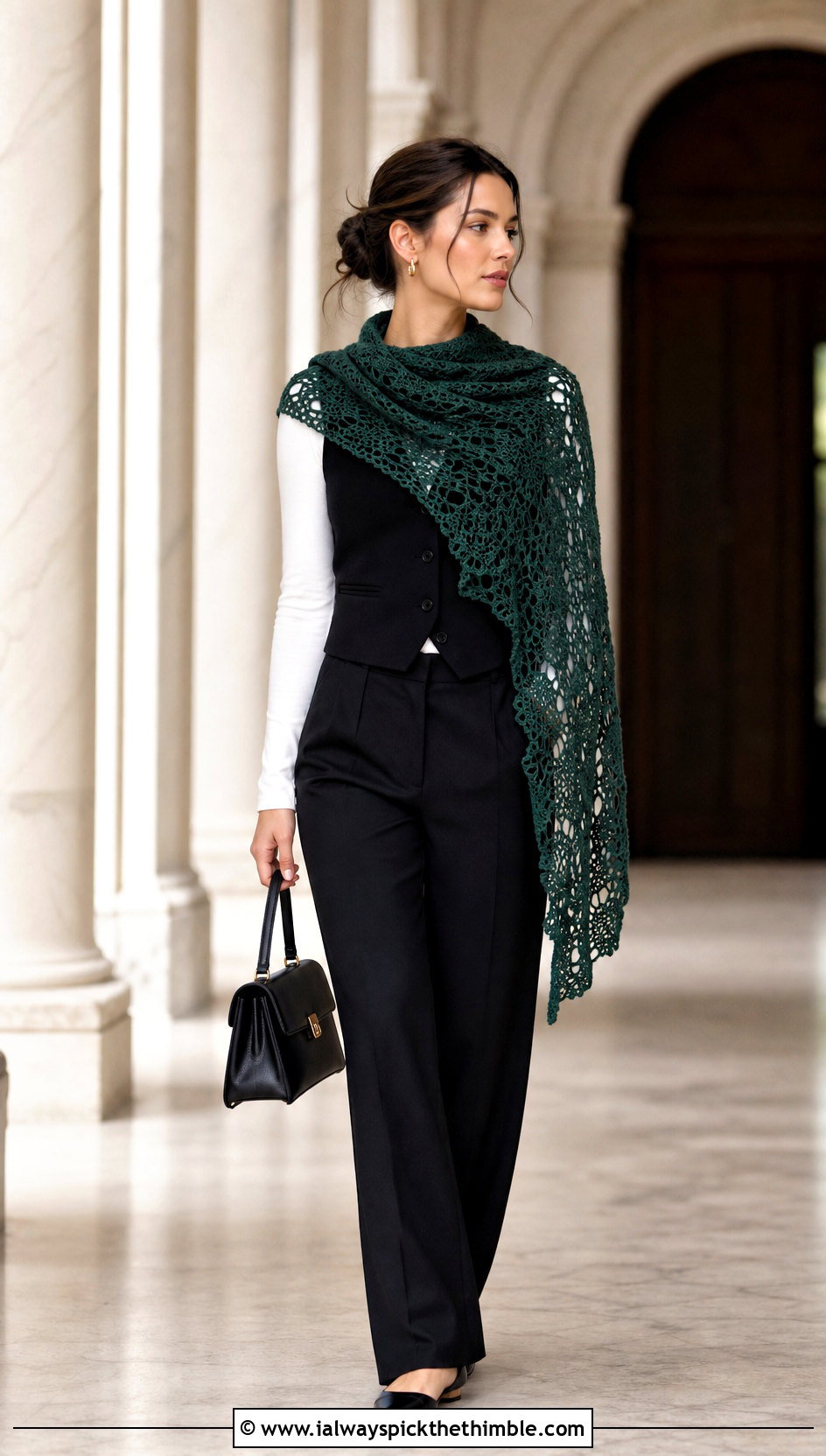 Asymmetrical Crochet Shawl Scarf With Vest And Trousers - 25 simple crochet scarf outfit ideas