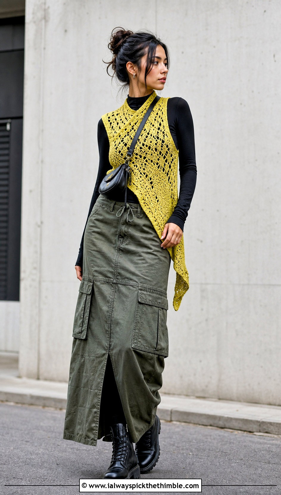 Asymmetrical Crochet Shawl Vest With Cargo Maxi Skirt - 20 crochet shawl vest outfit ideas
