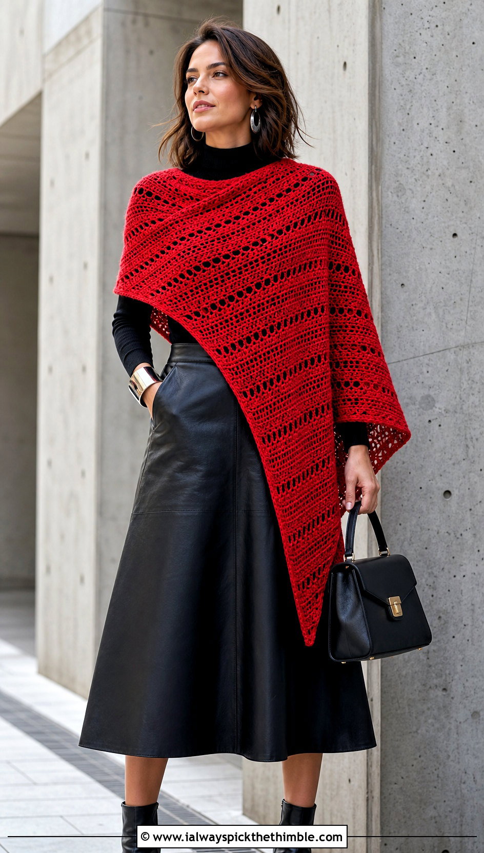 Asymmetrical Crochet Shawl With A Leather Midi Skirt - 20 Fall Crochet Shawl outfit ideas