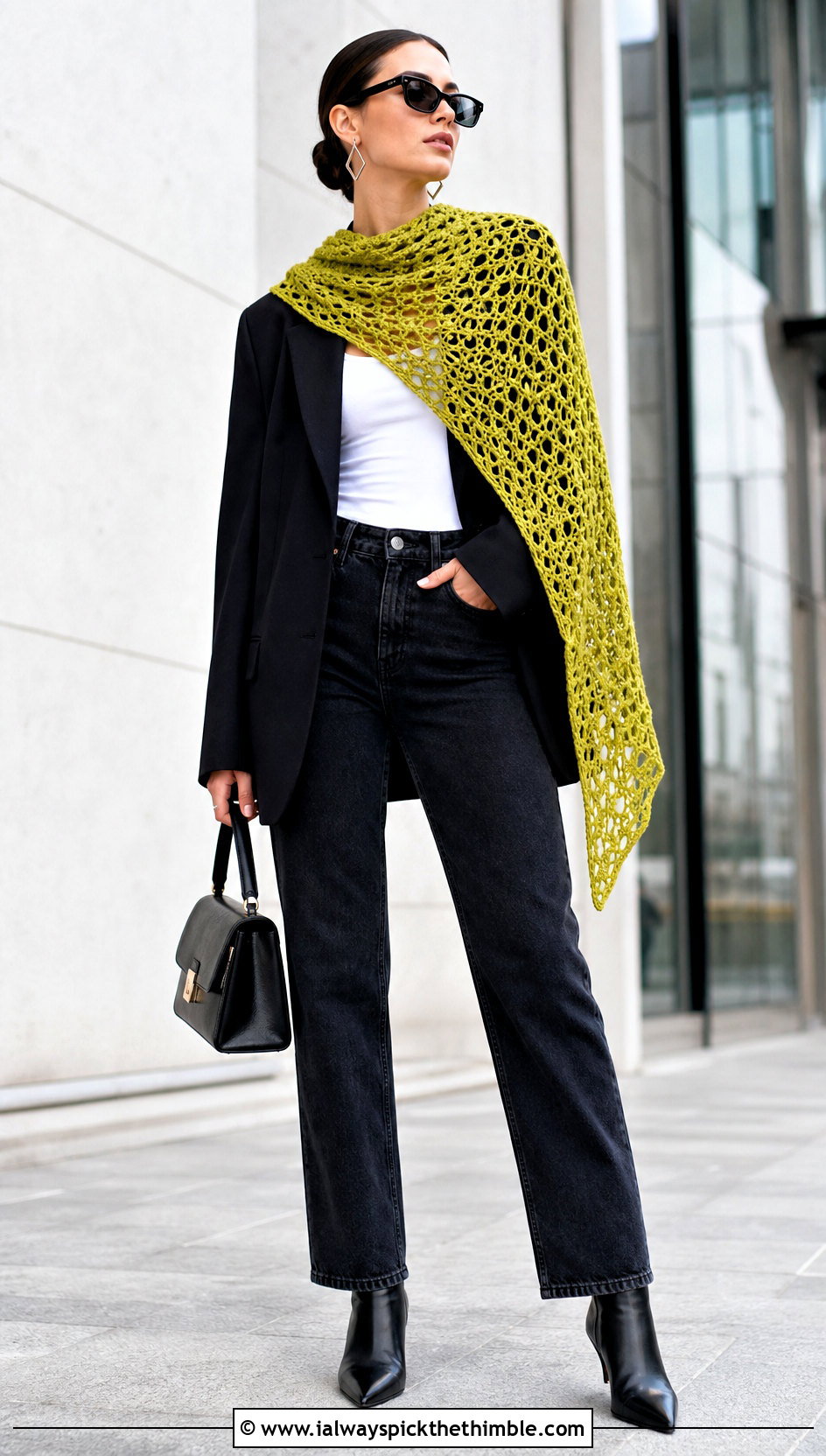 Asymmetrical Crochet Shawl With Blazer And Jeans - 15 Crochet Shawls And Ponchos outfit ideas