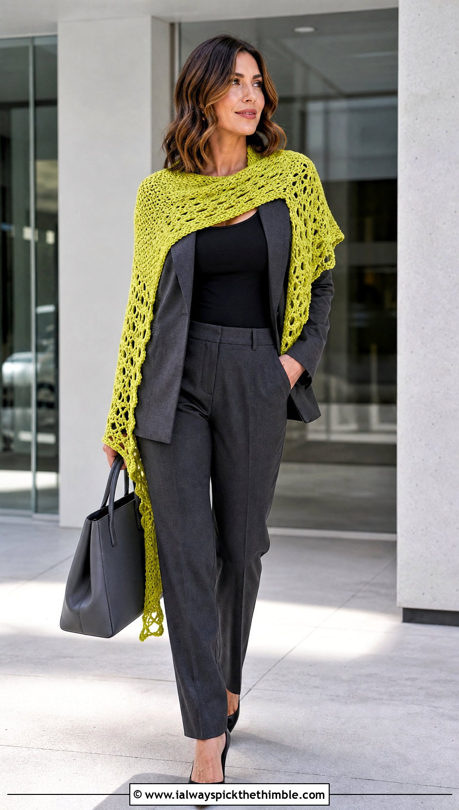 Asymmetrical Crochet Shawl With Blazer And Trousers - 20 Elegant Crochet Shawl outfit ideas