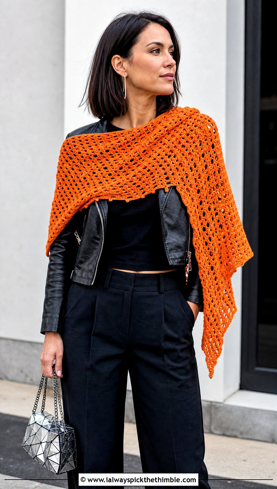 Asymmetrical Crochet Shawl With Leather Jacket - 20 crochet shawl wraps outfit ideas