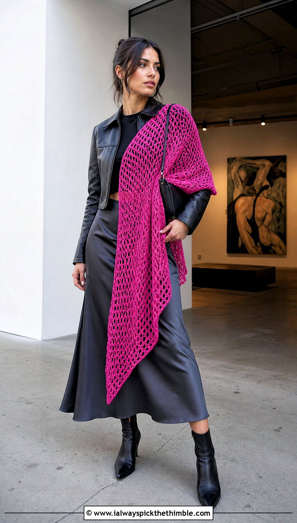 Asymmetrical Crochet Shawl With Leather Jacket - 25 crochet shawls and wraps outfit ideas