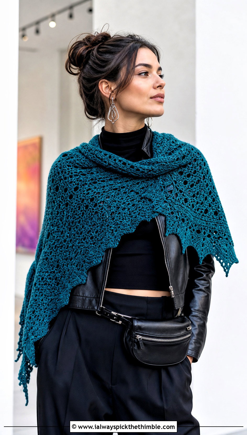 Asymmetrical Crochet Shawl With Leather Jacket - 25 quick crochet shawl outfit ideas