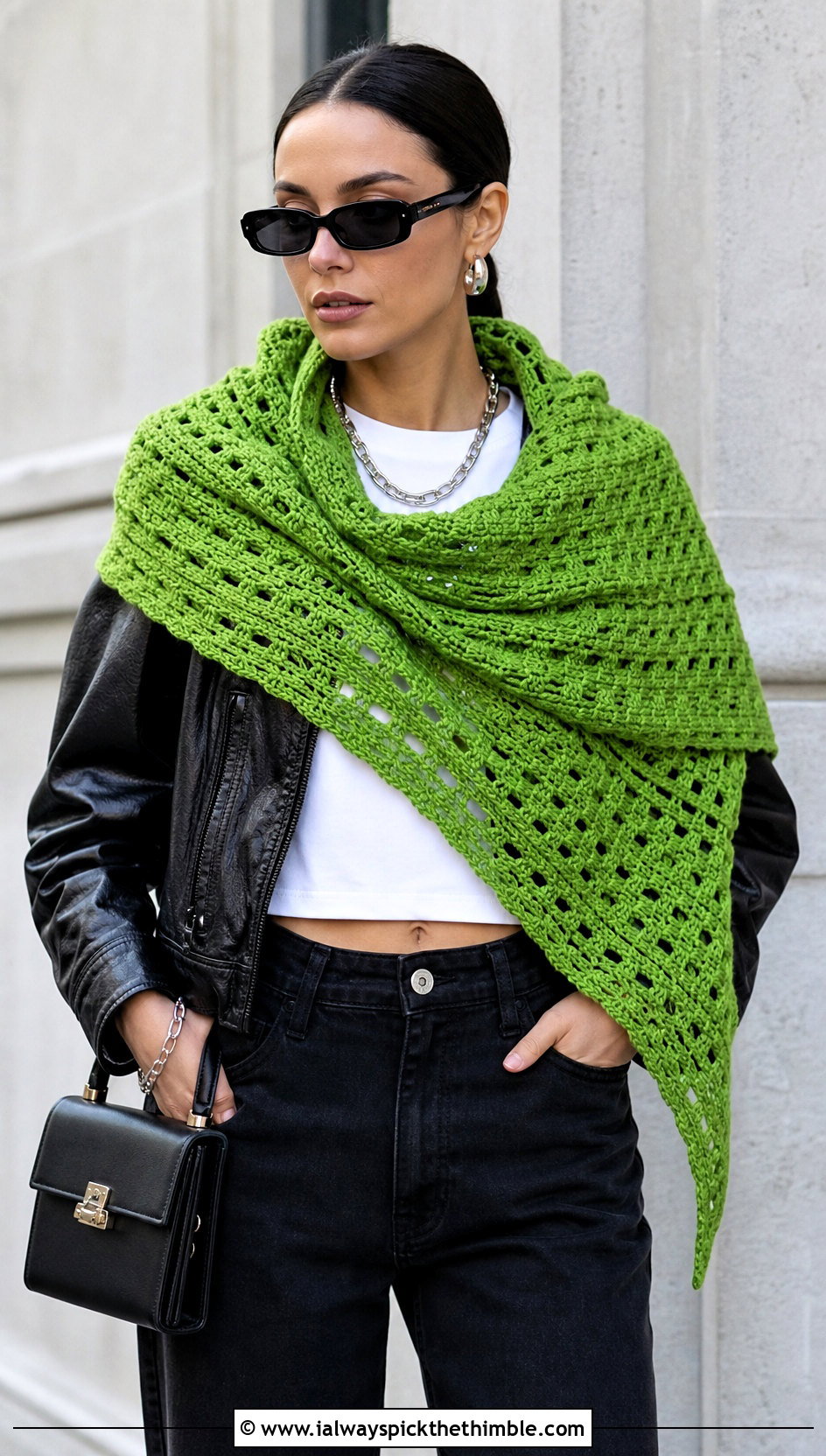 Asymmetrical Crochet Shawl With Leather Jacket And Black Jeans - 20 Spring Crochet Shawl outfit ideas