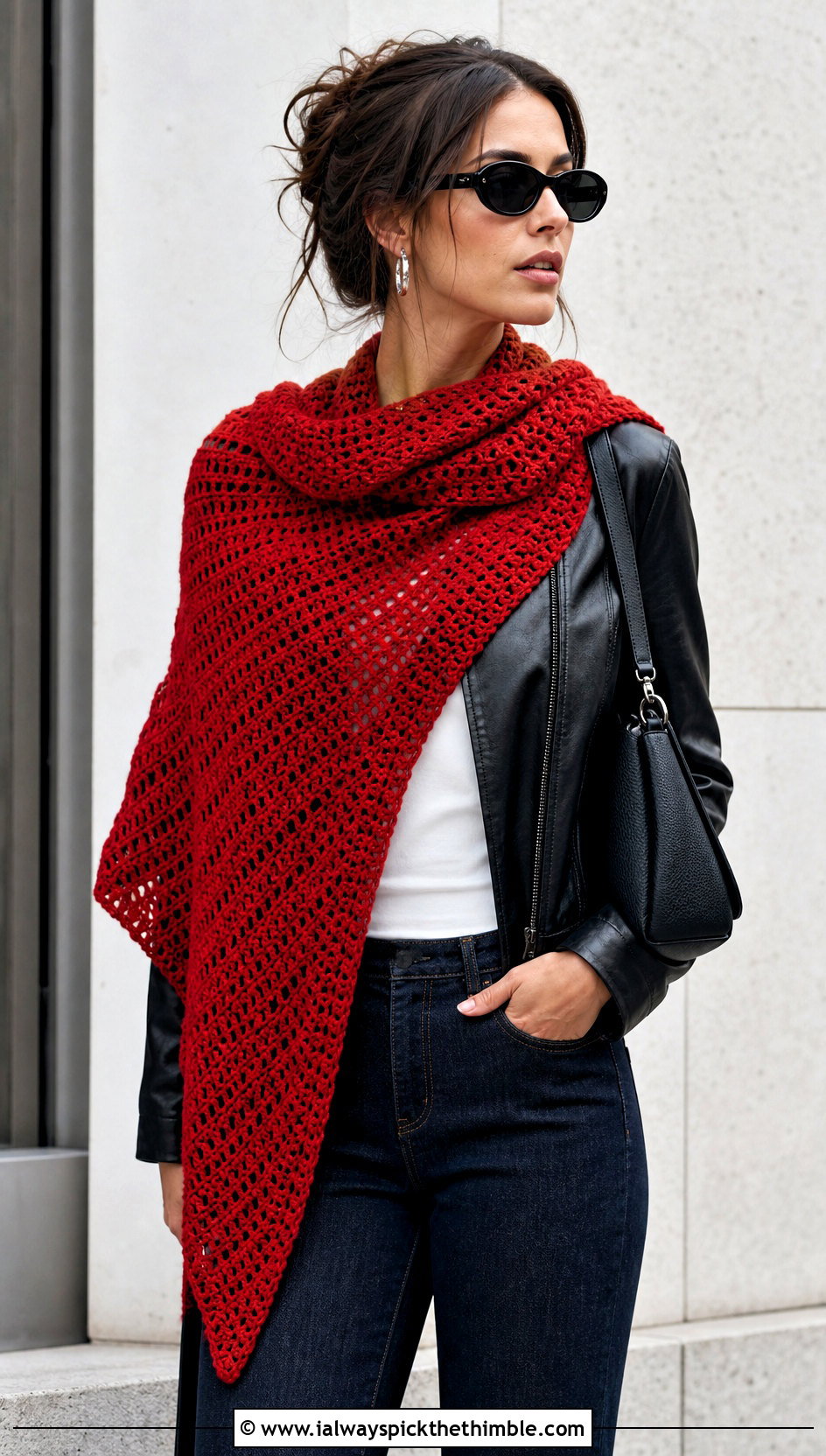 Asymmetrical Crochet Shawl With Leather Jacket And Jeans - 25 crochet shawl outfit ideas