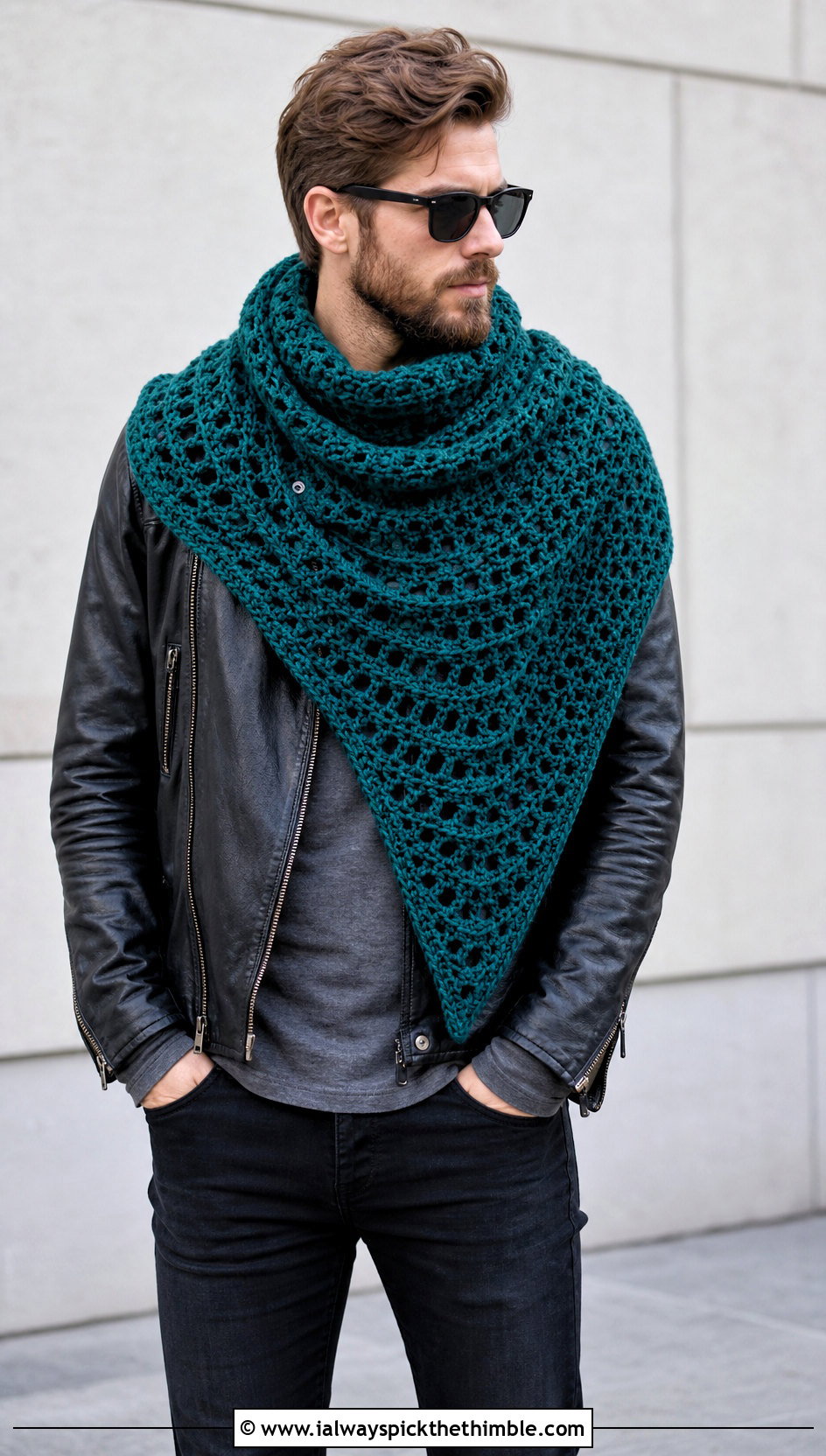 Asymmetrical Crochet Shawl With Leather Jacket - 20 crochet shawl for men outfit ideas