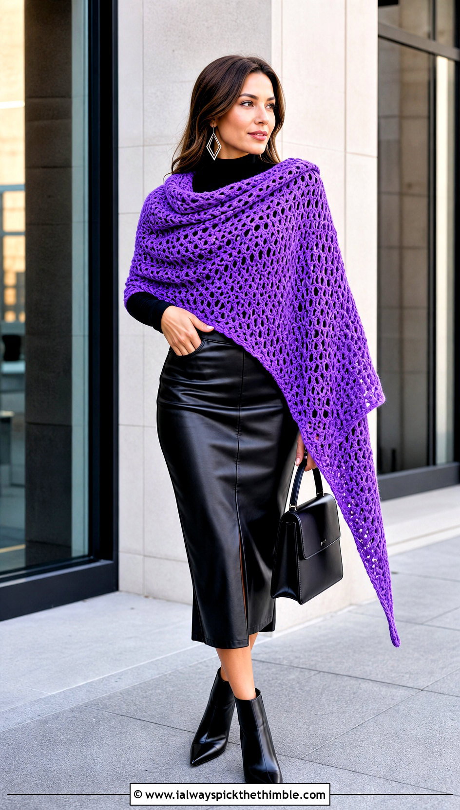 Asymmetrical Crochet Shawl With Leather Midi Skirt - 20 crochet shawl wrap outfit ideas