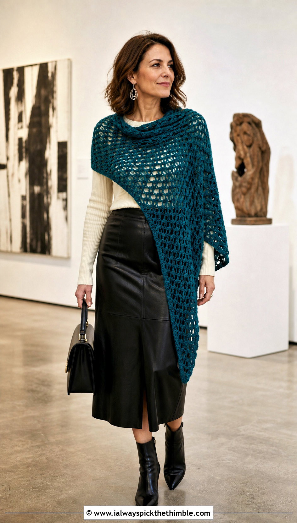 Asymmetrical Crochet Shawl With Leather Midi Skirt - 20 Crochet A Shawl outfit ideas