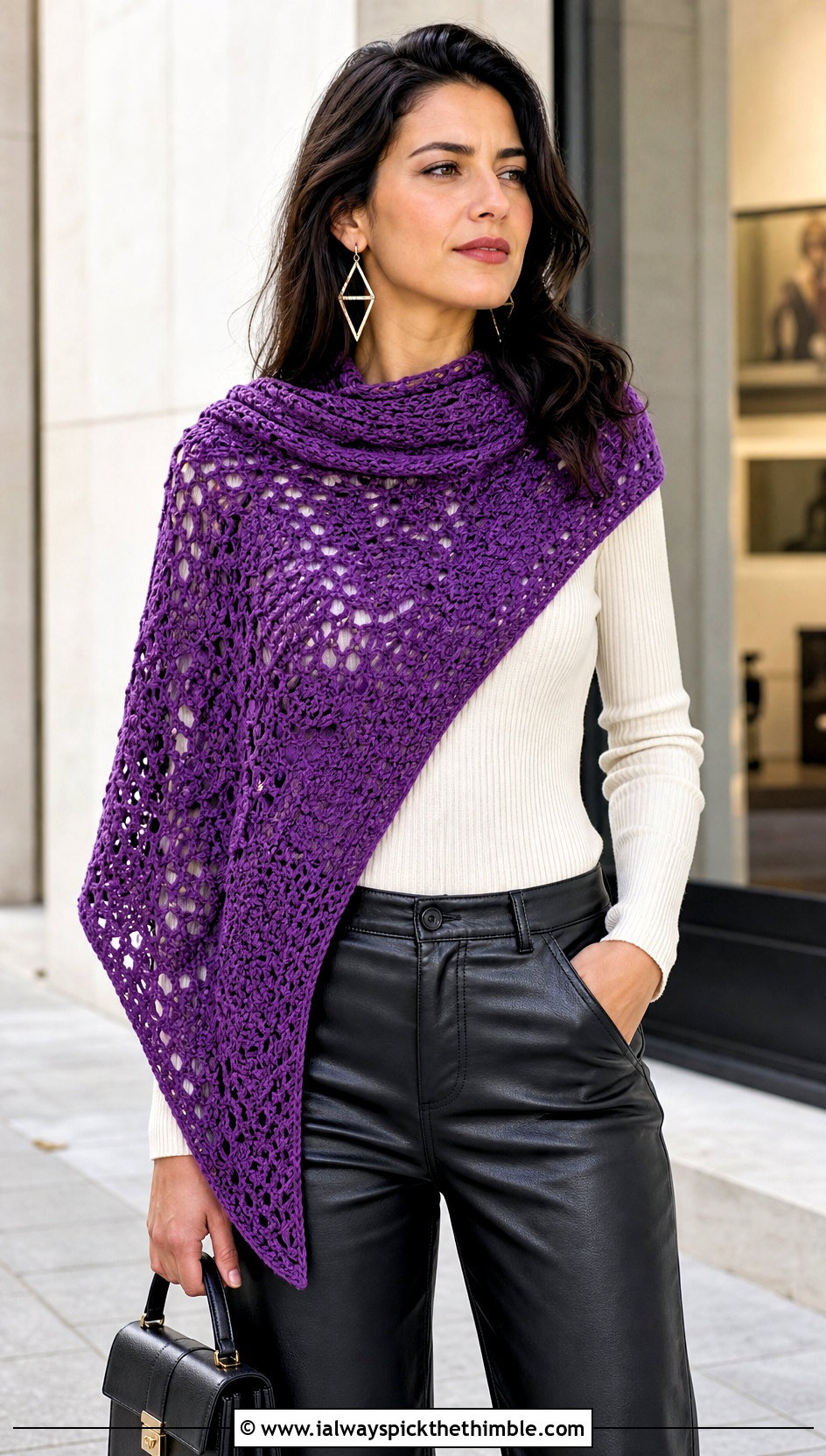Asymmetrical Crochet Shawl With Leather Pants - 20 boho crochet shawl outfit ideas