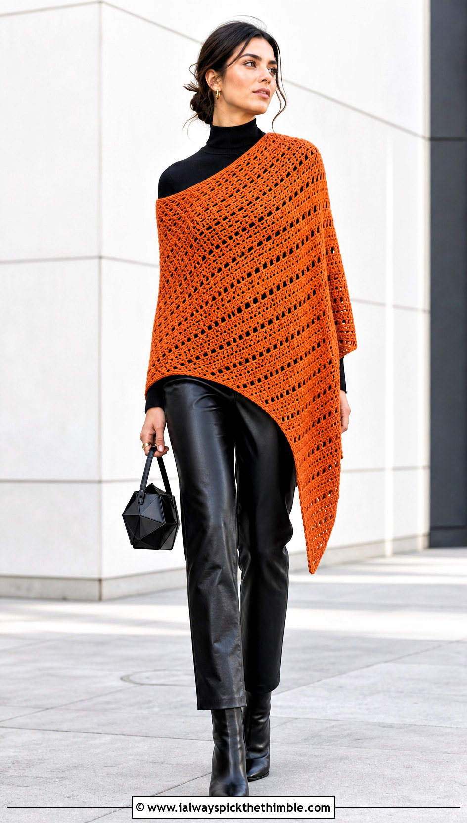 Asymmetrical Crochet Shawl With Leather Pants - 20 Crochet For Shawls And Wraps outfit ideas