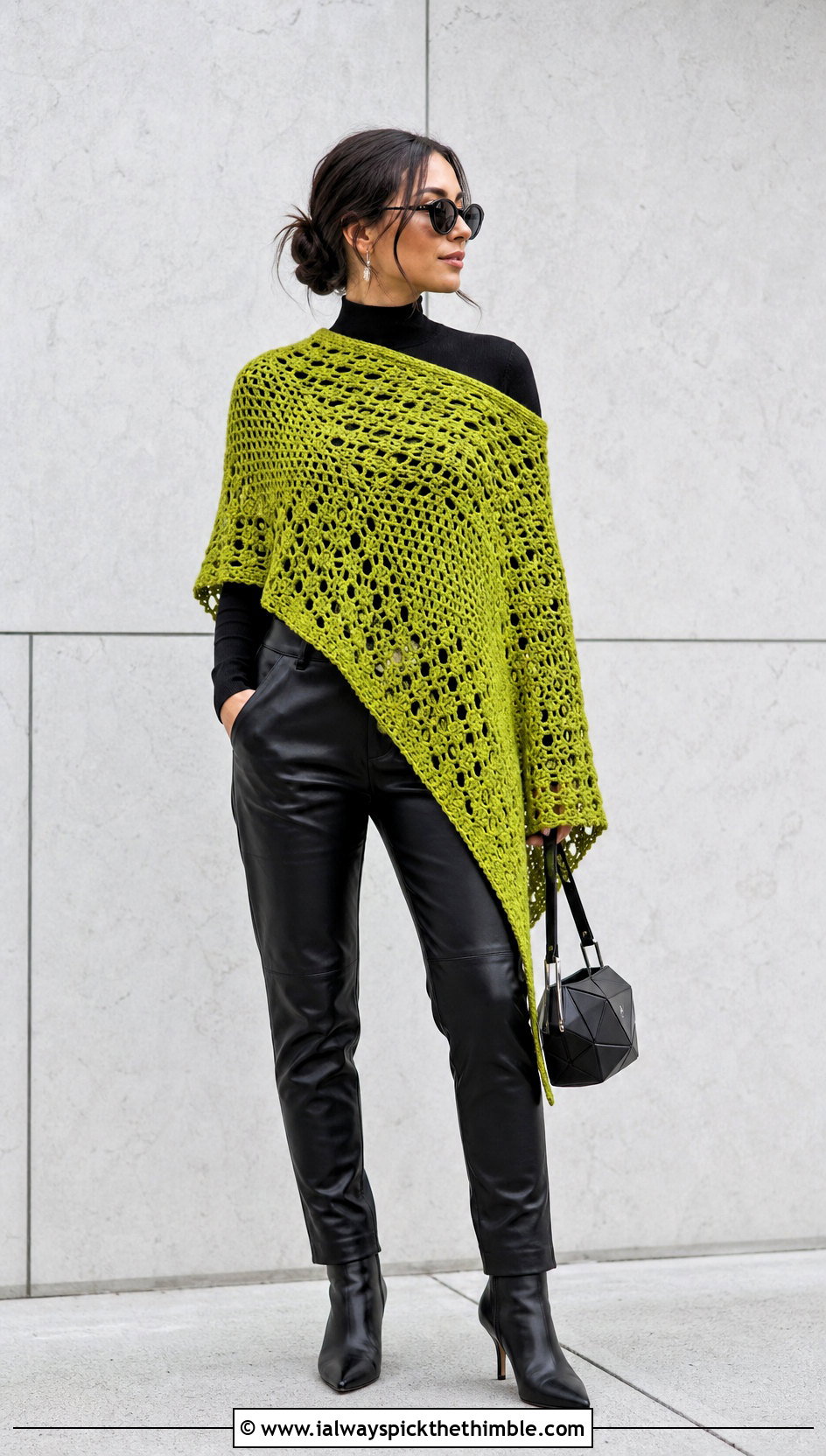 Asymmetrical Crochet Shawl With Leather Pants - 20 crochet for shawls outfit ideas