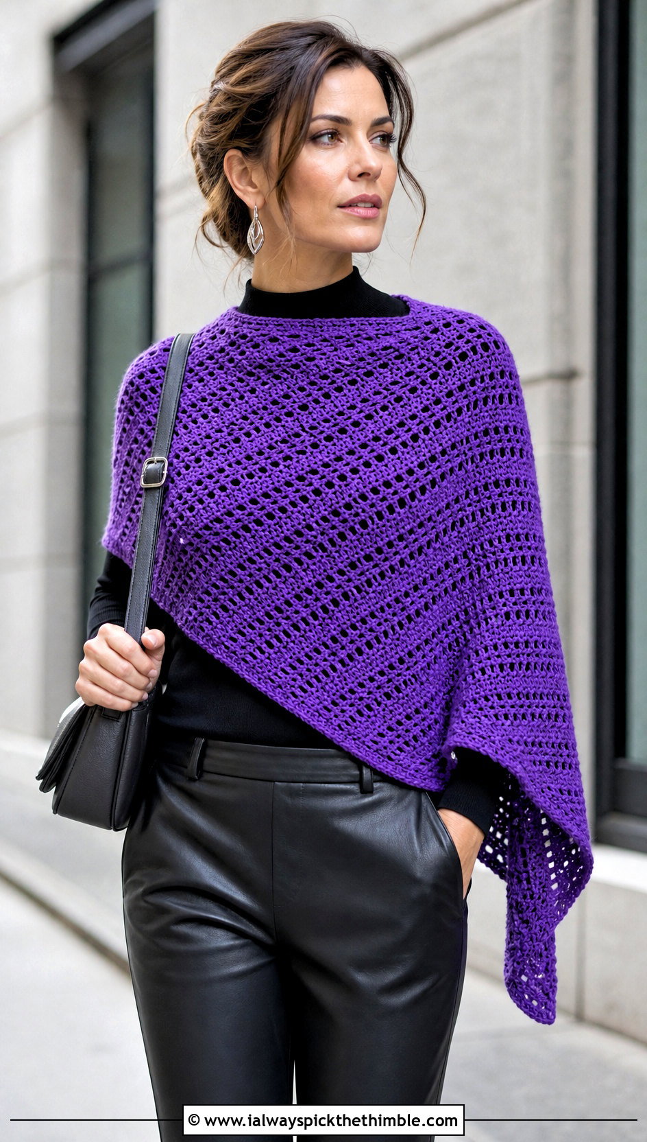 Asymmetrical Crochet Shawl With Leather Pants - 20 one skein crochet shawl outfit ideas